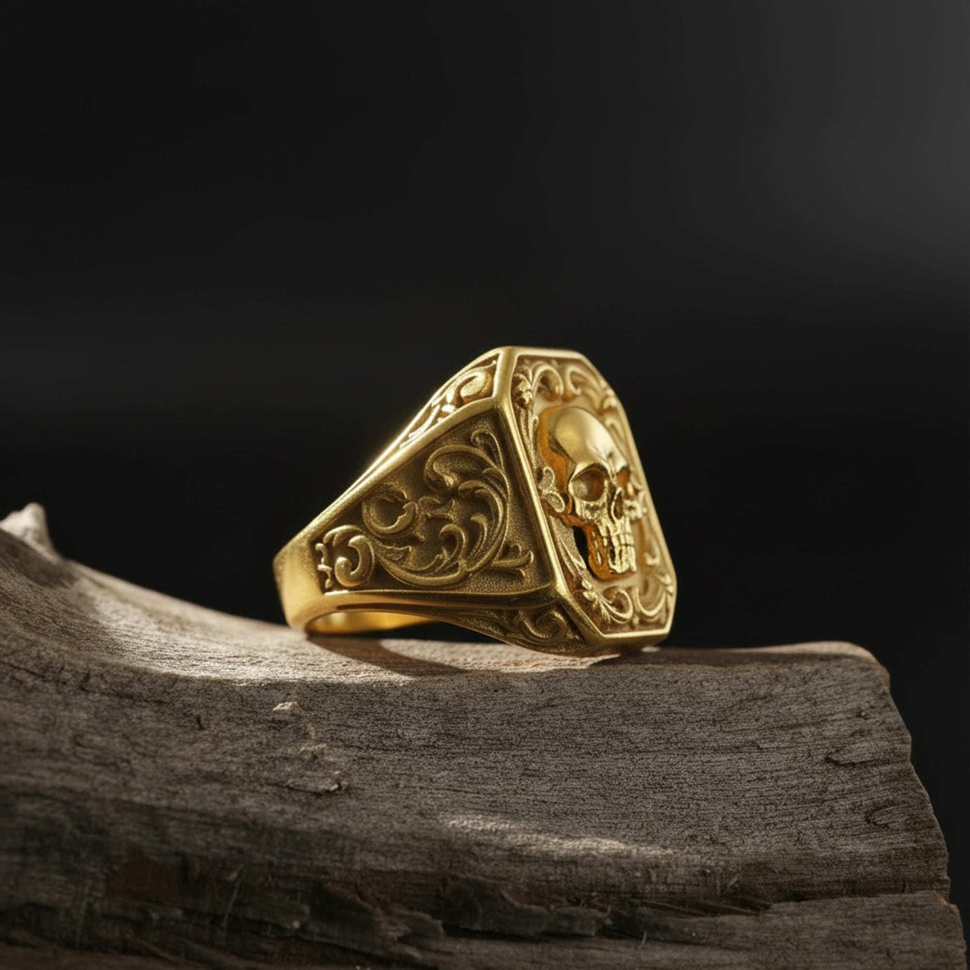 14K Solid Gold Skull Ring: Vintage Signet Rococo Men's Statement Jewelry