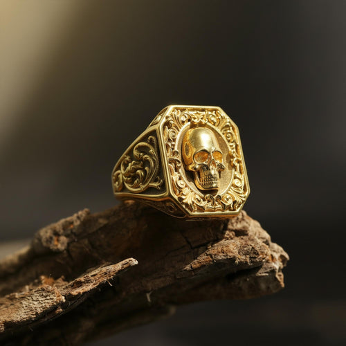 14K Solid Gold Skull Ring: Vintage Signet Rococo Men's Statement Jewelry