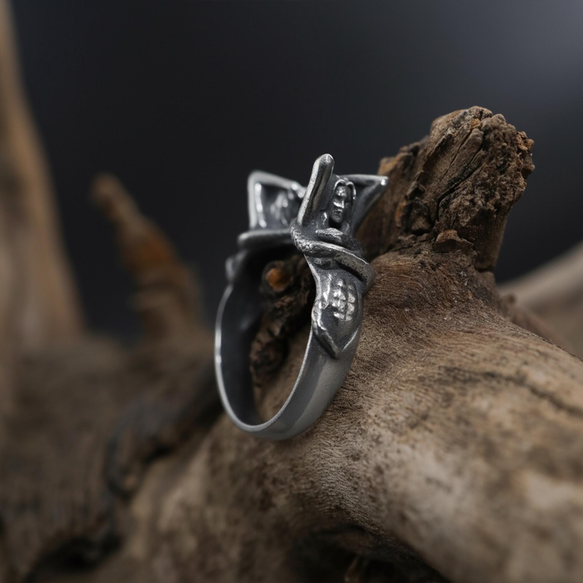 Black silver siren ring, mermaid ring, mythology ring, black rhodium ring, and gothic statement jewelry designed for those who are drawn to dark fantasy, ocean symbolism, and bold artistic design. This striking ring features a sculptural siren-inspired form that creates a mysterious and dramatic presence with strong visual character. It is not a simple accessory — it is a statement ring that blends mythological beauty, dark elegance, and handcraf