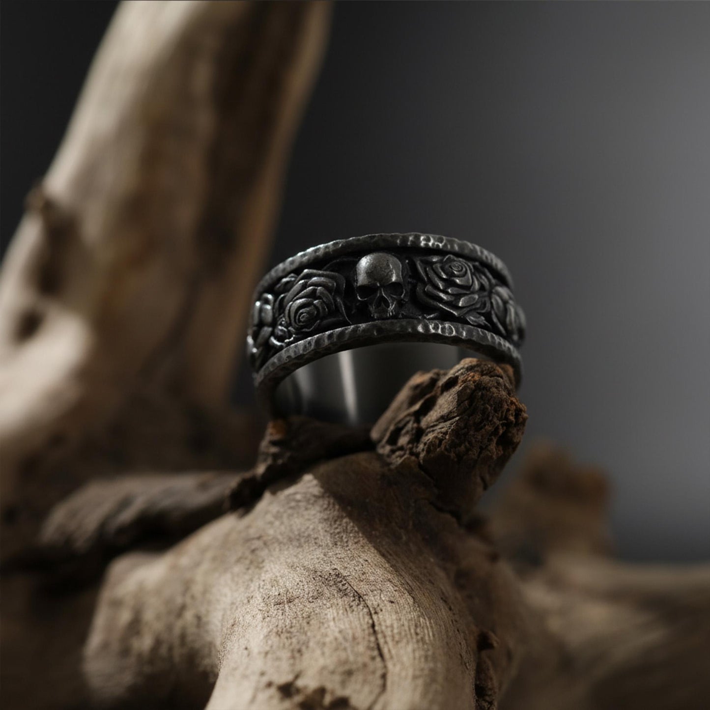 Sterling Silver Skull Roses Band Ring: Gothic Biker Punk Statement Jewelry