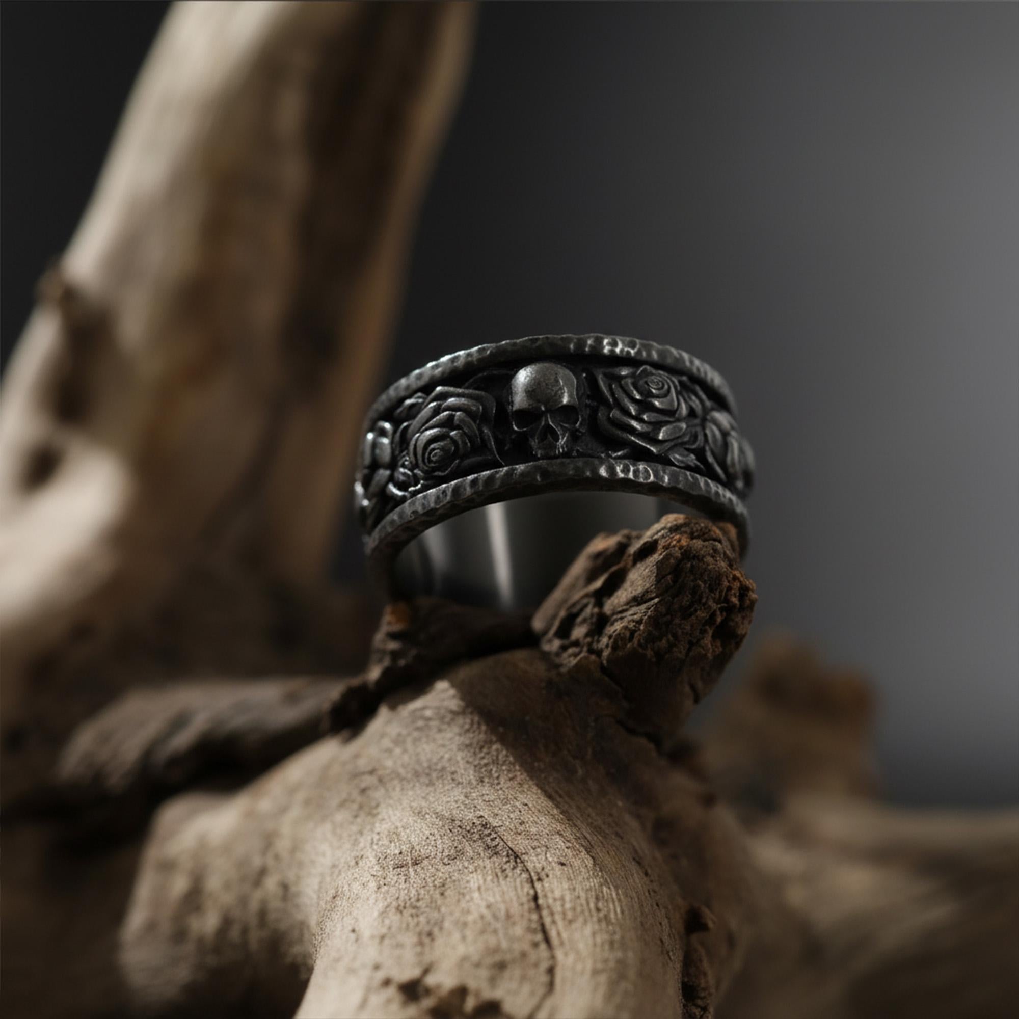 Sterling Silver Skull Roses Band Ring: Gothic Biker Punk Statement Jewelry