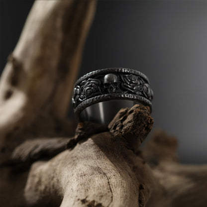 Sterling Silver Skull Roses Band Ring: Gothic Biker Punk Statement Jewelry