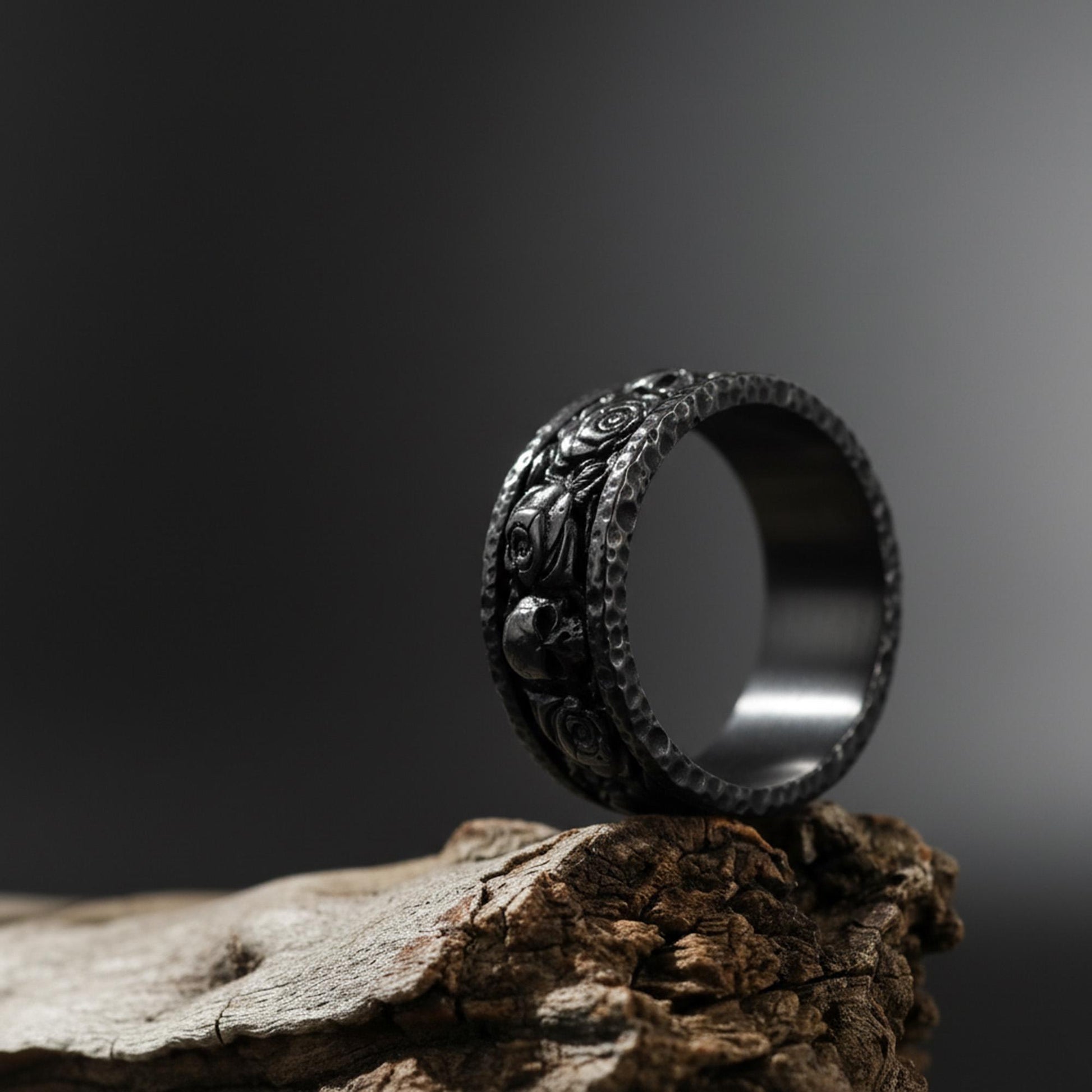 Sterling Silver Skull Roses Band Ring: Gothic Biker Punk Statement Jewelry