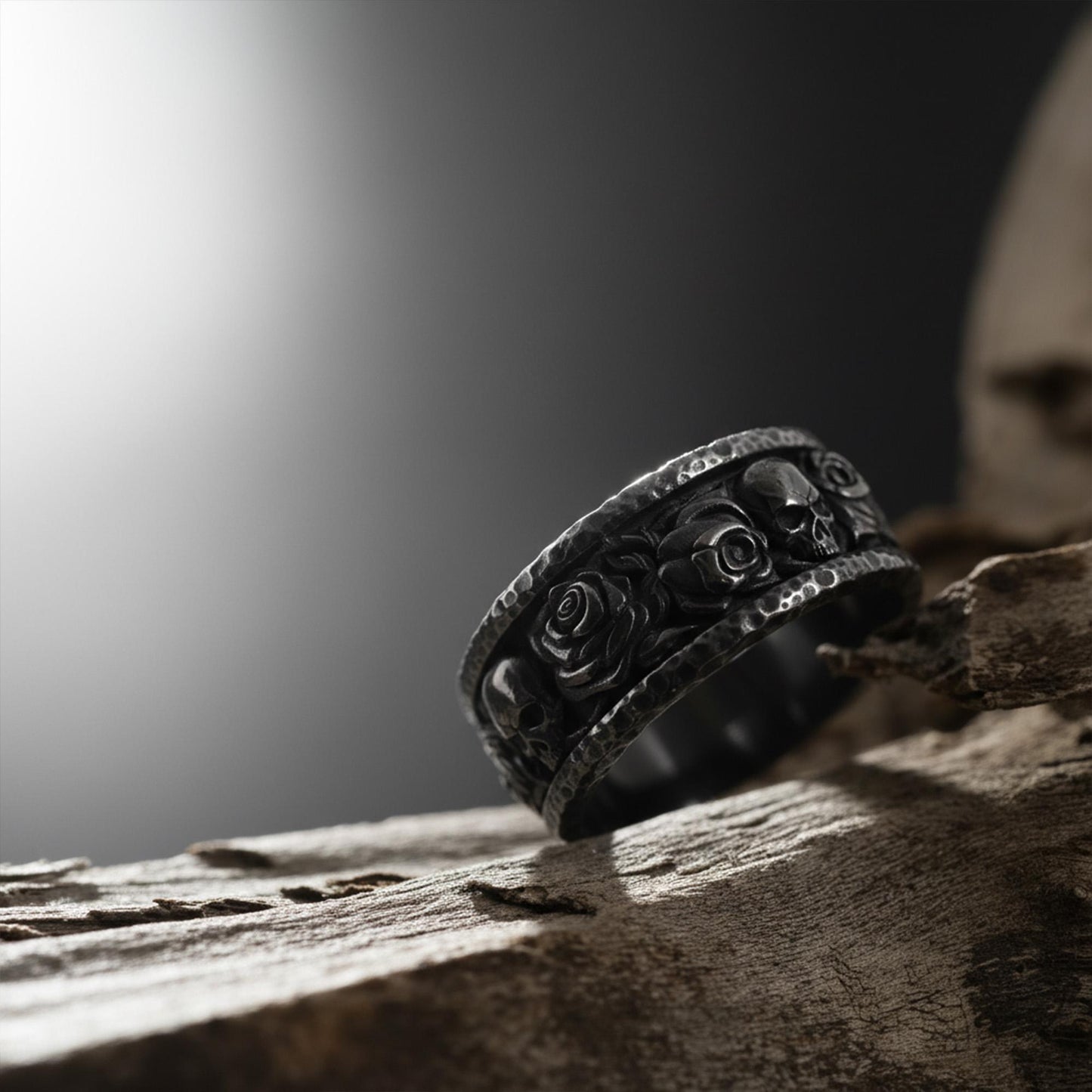 Sterling Silver Skull Roses Band Ring: Gothic Biker Punk Statement Jewelry