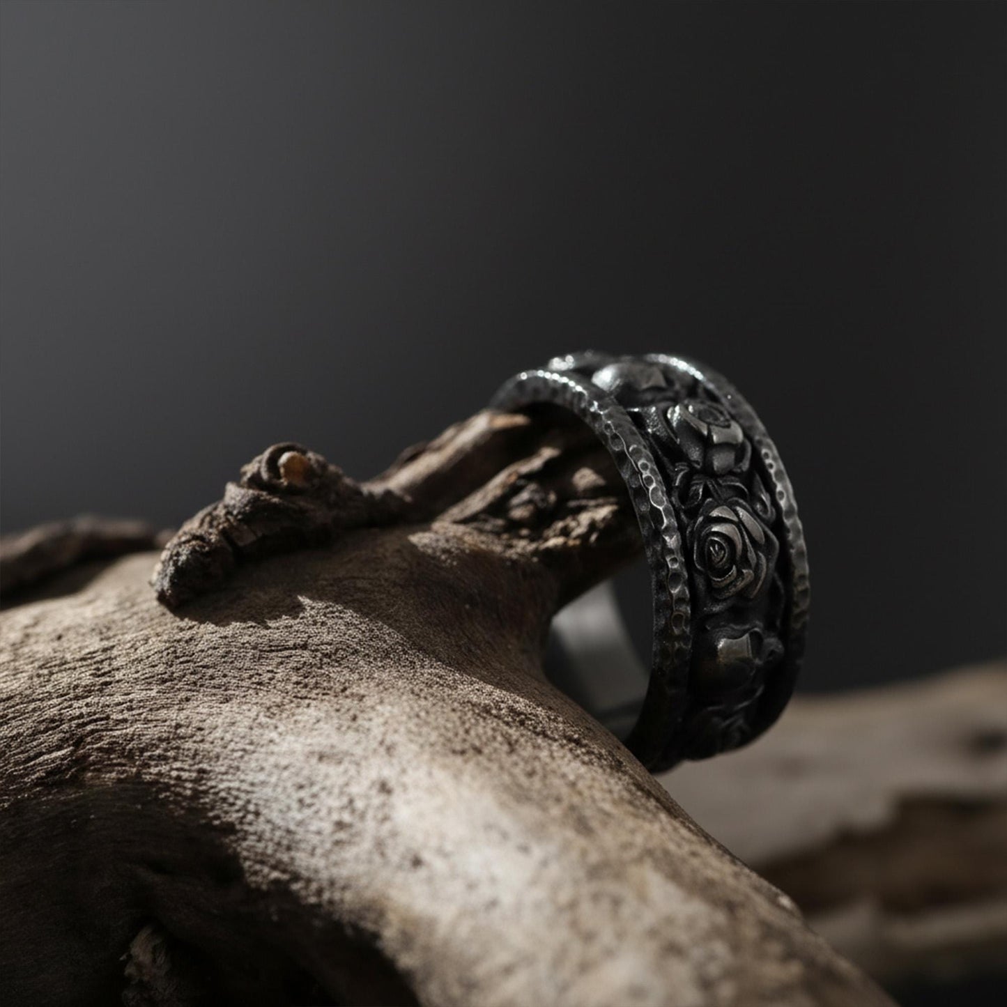 Sterling Silver Skull Roses Band Ring: Gothic Biker Punk Statement Jewelry