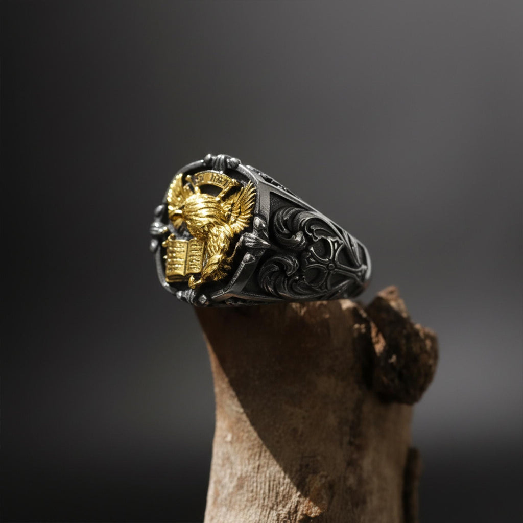St. John eagle signet ring, sterling silver Christian jewelry, symbolic religious statement band, and handcrafted bold accessory designed for those who are drawn to faith, wisdom, and spiritual strength. This striking ring features a detailed eagle motif inspired by Saint John symbolism, framed within a bold signet structure that creates a look both sacred and powerful.