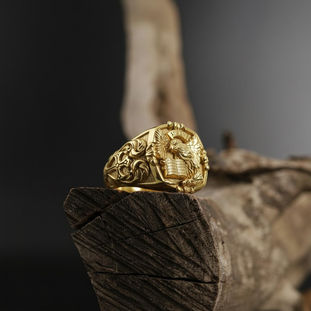St. John eagle signet ring, sterling silver Christian jewelry, symbolic religious statement band, and handcrafted bold accessory designed for those who are drawn to faith, wisdom, and spiritual strength. This striking ring features a detailed eagle motif inspired by Saint John symbolism, framed within a bold signet structure that creates a look both sacred and powerful.
