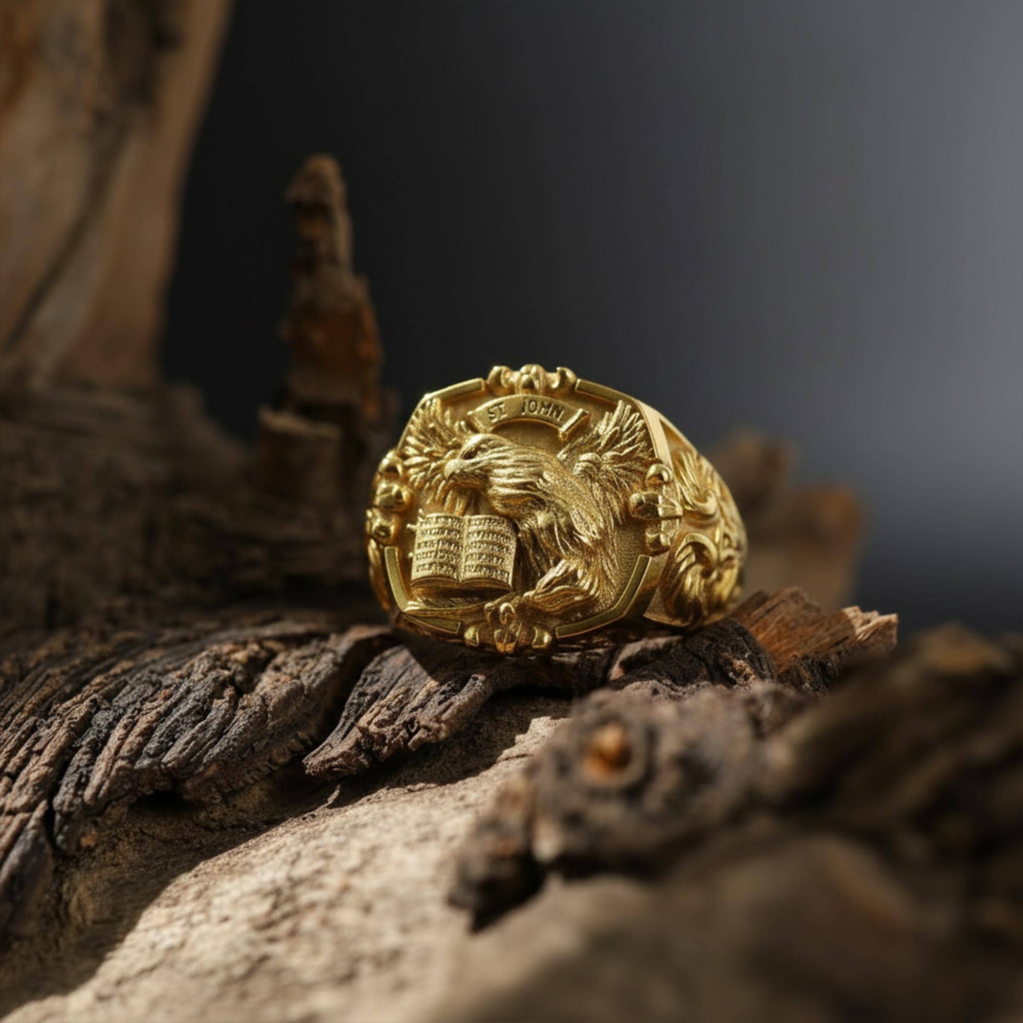St. John eagle signet ring, sterling silver Christian jewelry, symbolic religious statement band, and handcrafted bold accessory designed for those who are drawn to faith, wisdom, and spiritual strength. This striking ring features a detailed eagle motif inspired by Saint John symbolism, framed within a bold signet structure that creates a look both sacred and powerful.