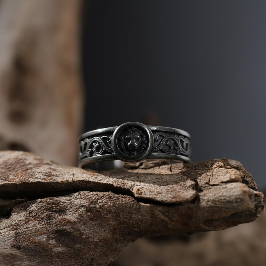 Handcrafted lion spirit band ring, rhodium plated sterling silver animal jewelry, and symbolic statement ring designed for those who are drawn to strength, leadership, and inner power. This striking ring features a bold lion-inspired design, creating a look that feels powerful, spiritual, and timeless