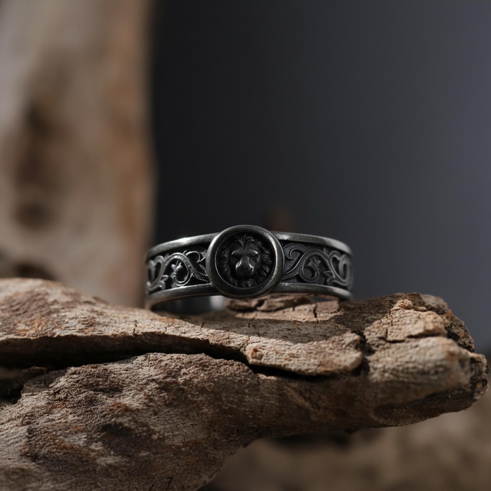 Handcrafted lion spirit band ring, rhodium plated sterling silver animal jewelry, and symbolic statement ring designed for those who are drawn to strength, leadership, and inner power. This striking ring features a bold lion-inspired design, creating a look that feels powerful, spiritual, and timeless