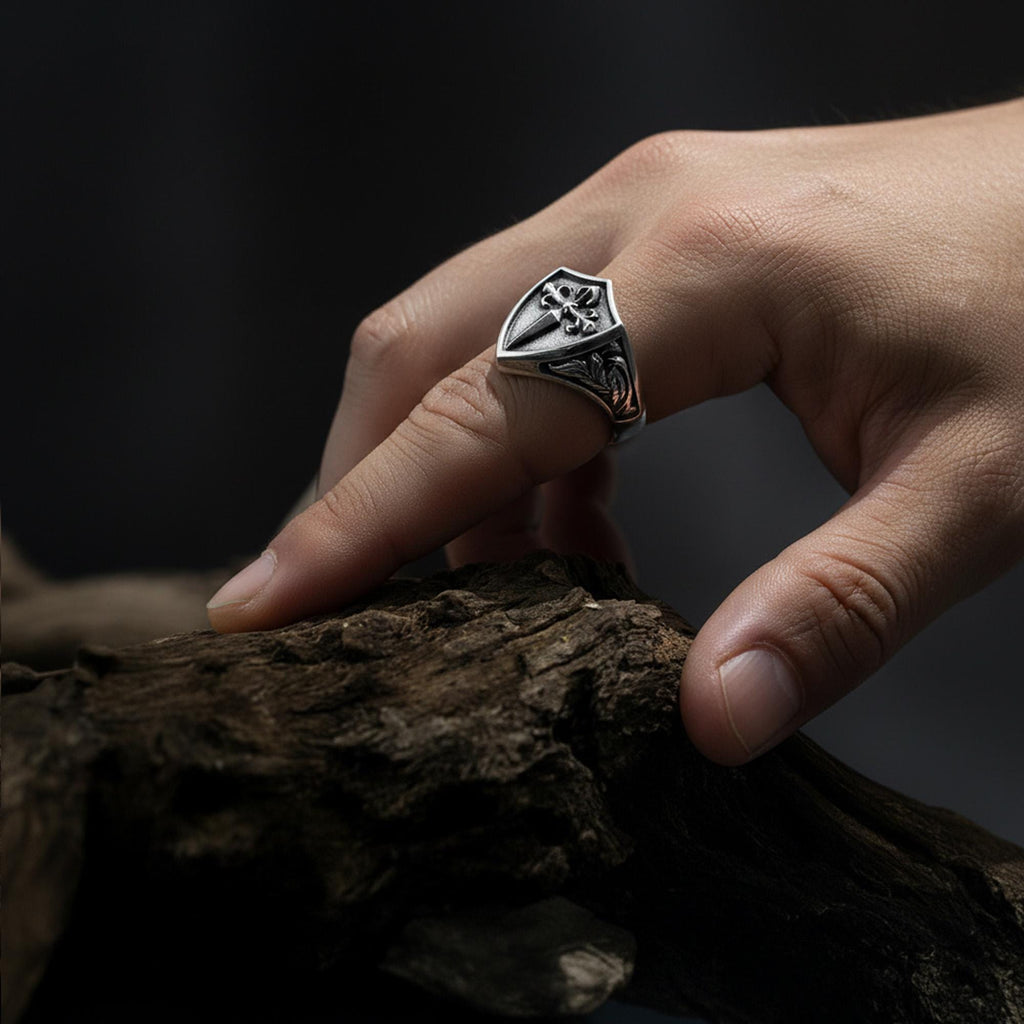 Handmade Sterling Silver Medieval Shield Ring, Fleur De Lis Sword