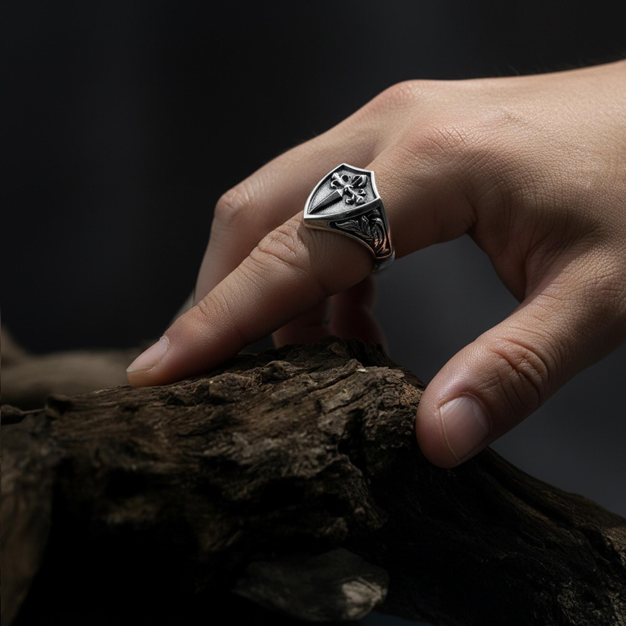 Handmade Sterling Silver Medieval Shield Ring, Fleur De Lis Sword