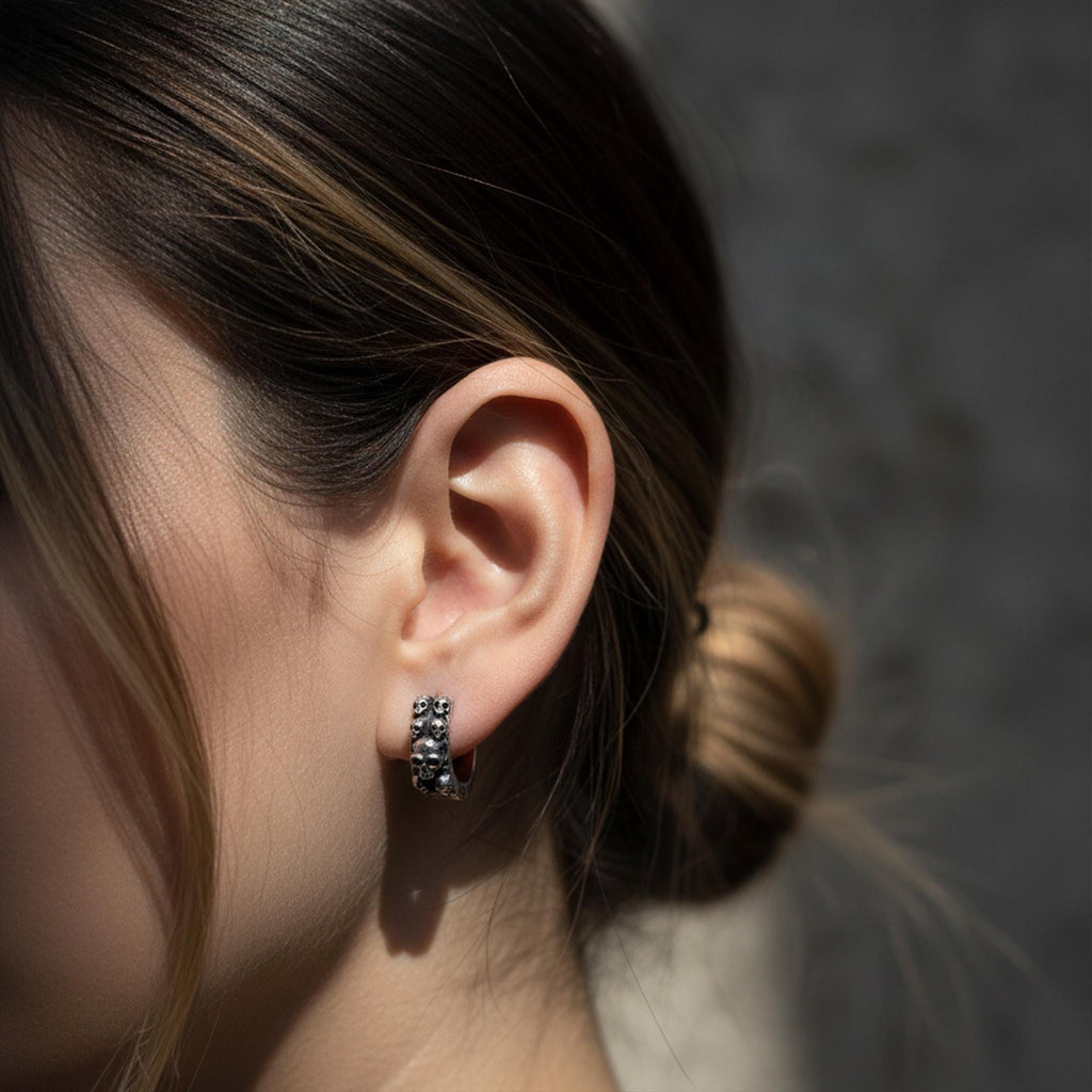 Sterling Silver Skull Hoop Earrings, Gothic Punk Jewelry, Dangle Skull Earrings, Men’s Skull Jewelry