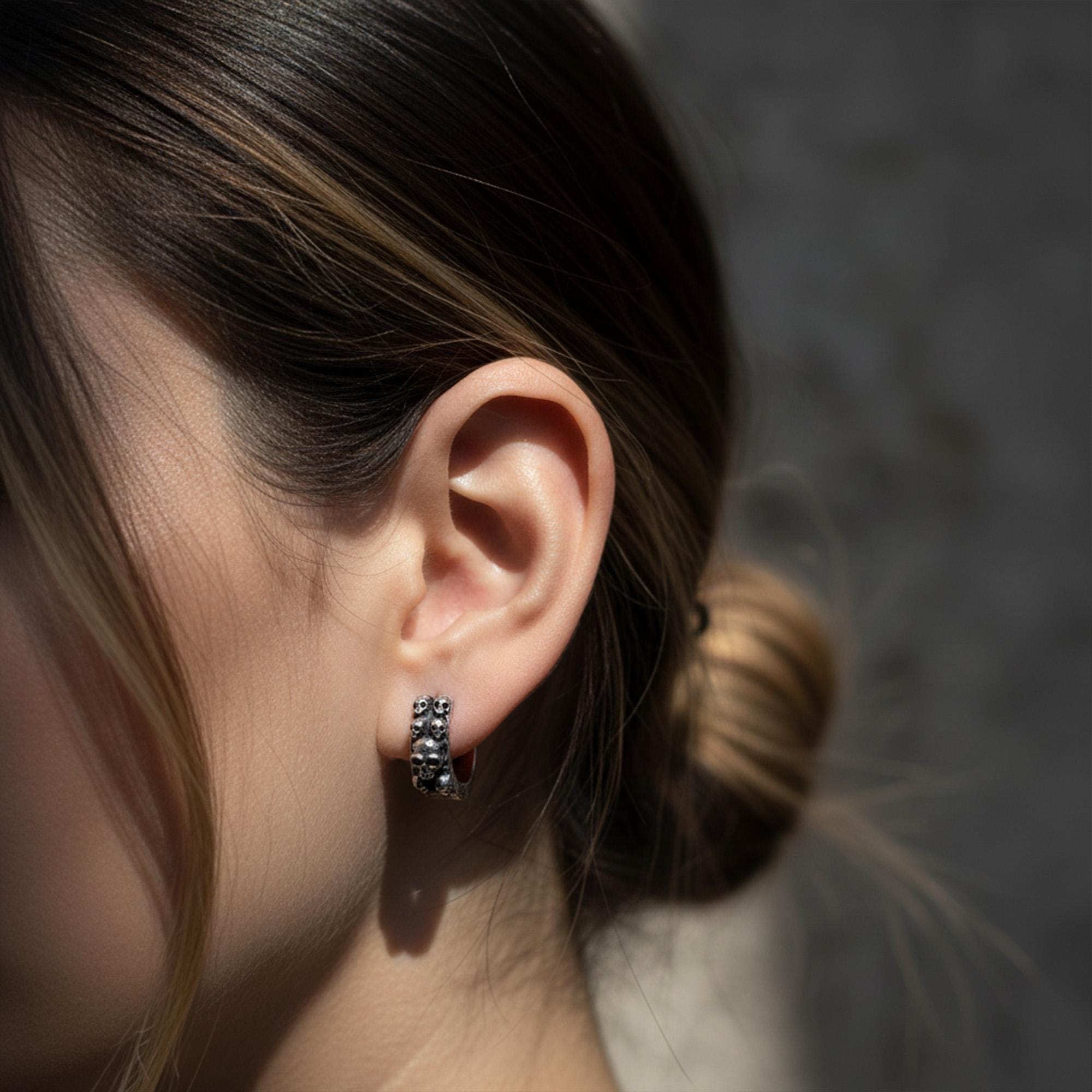 Sterling Silver Skull Hoop Earrings, Gothic Punk Jewelry, Dangle Skull Earrings, Men’s Skull Jewelry
