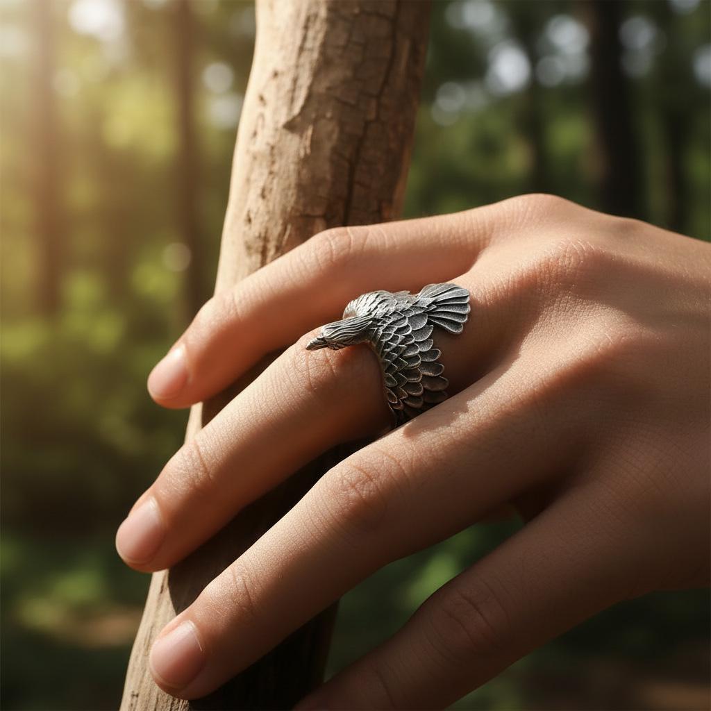 This raven ring for men is a bold and highly detailed design inspired by Norse mythology, Viking symbolism, crow jewelry, and statement men’s rings. Featuring a dramatic spread-wing raven motif, this ring captures the power, intelligence, and mystery long associated with the raven. It is an ideal choice for buyers searching for a Viking raven ring, Norse raven ring, crow ring for men, bird statement ring, or a symbolic men’s ring with a strong an