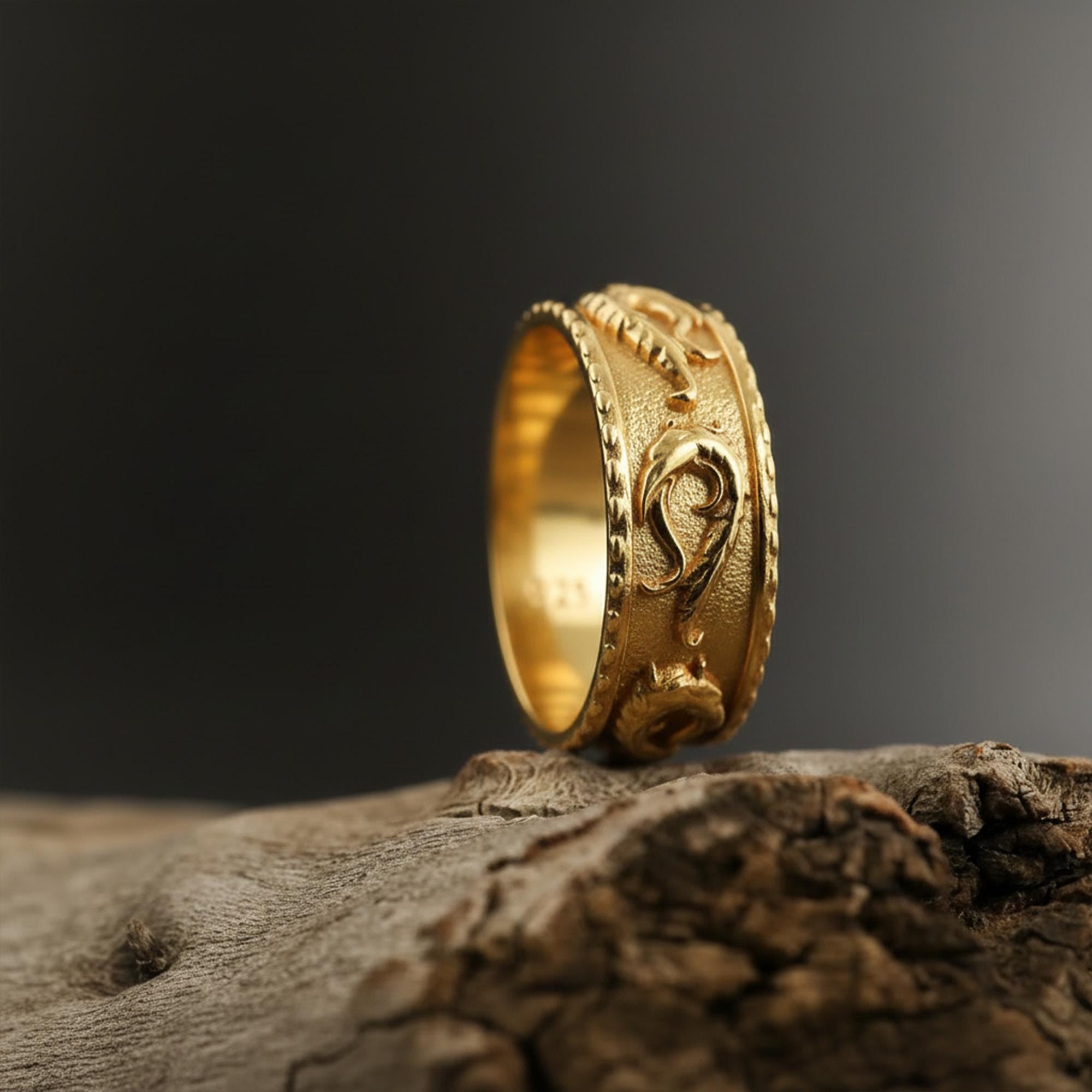 Rhodium Plated Dragon Band Ring: Wind Pattern Band, Waves Nature Inspired Jewelry