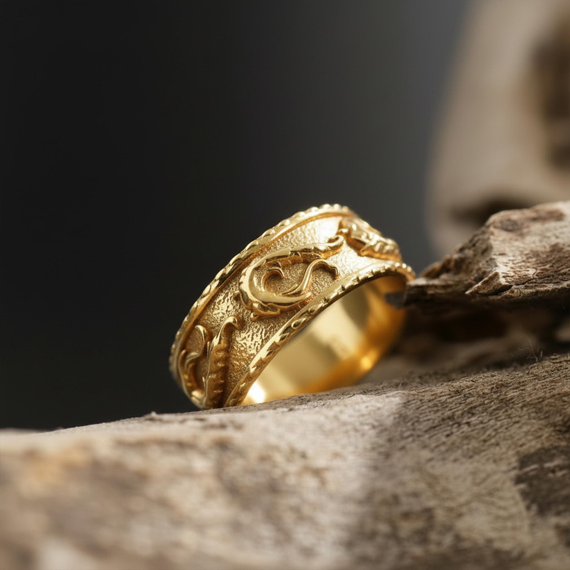 Rhodium Plated Dragon Band Ring: Wind Pattern Band, Waves Nature Inspired Jewelry