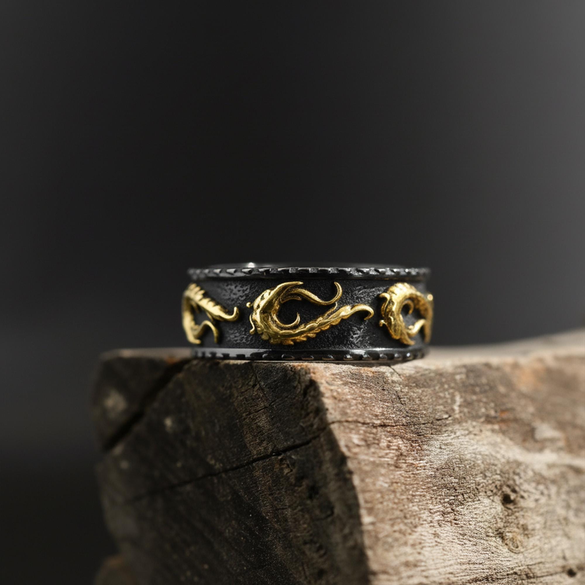 Rhodium Plated Dragon Band Ring: Wind Pattern Band, Waves Nature Inspired Jewelry