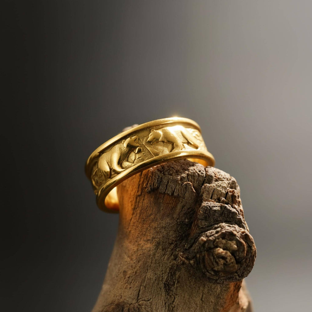 Gold Plated Bears Band: Nordic Grizzly Animal Jewelry, Handmade Berserker Band