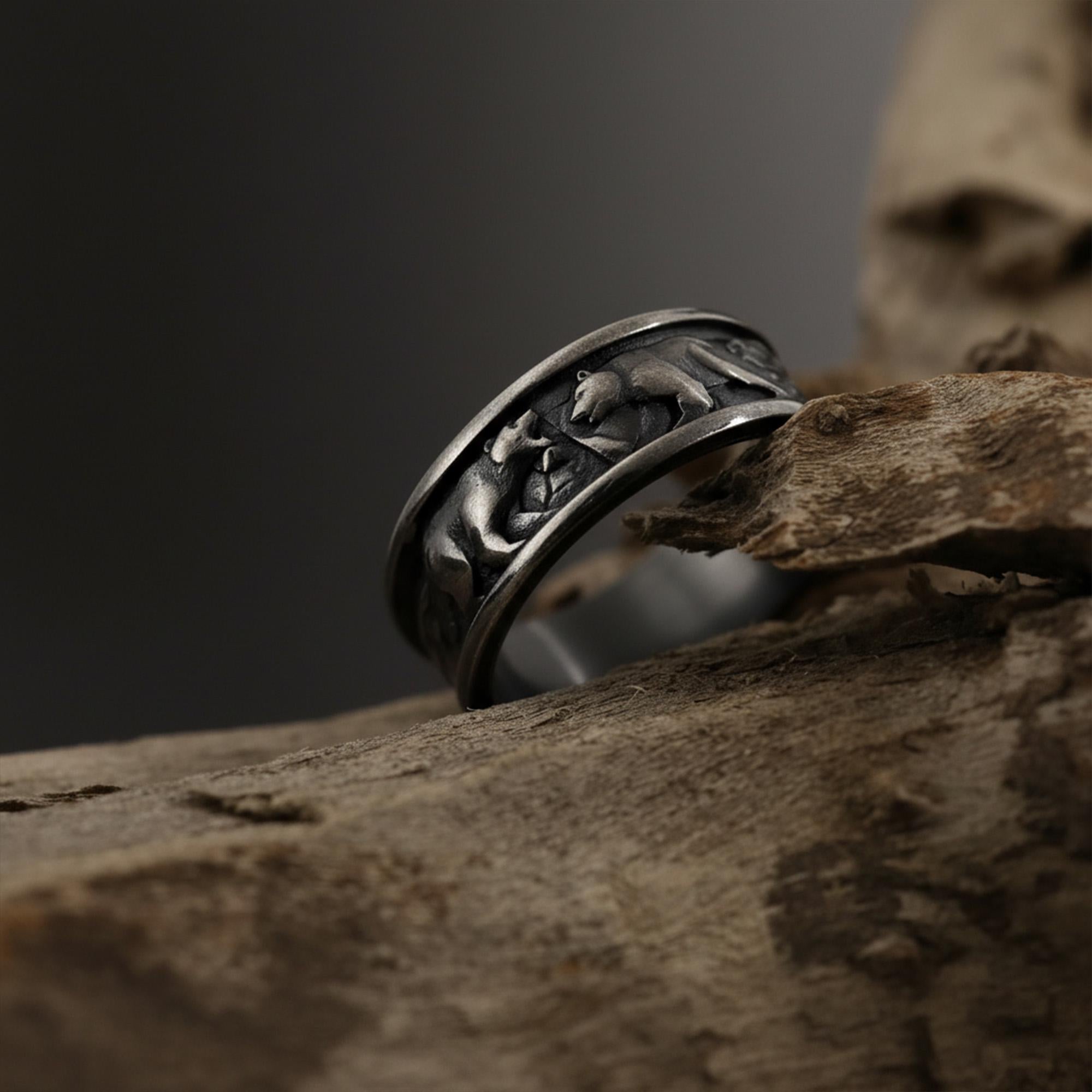 Gold Plated Bears Band: Nordic Grizzly Animal Jewelry, Handmade Berserker Band