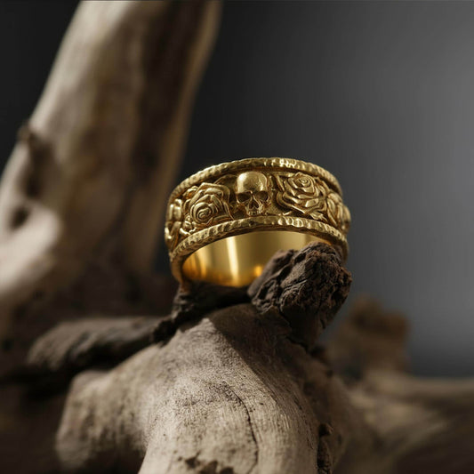 Sterling Silver Skull Roses Band Ring: Gothic Biker Punk Statement Jewelry