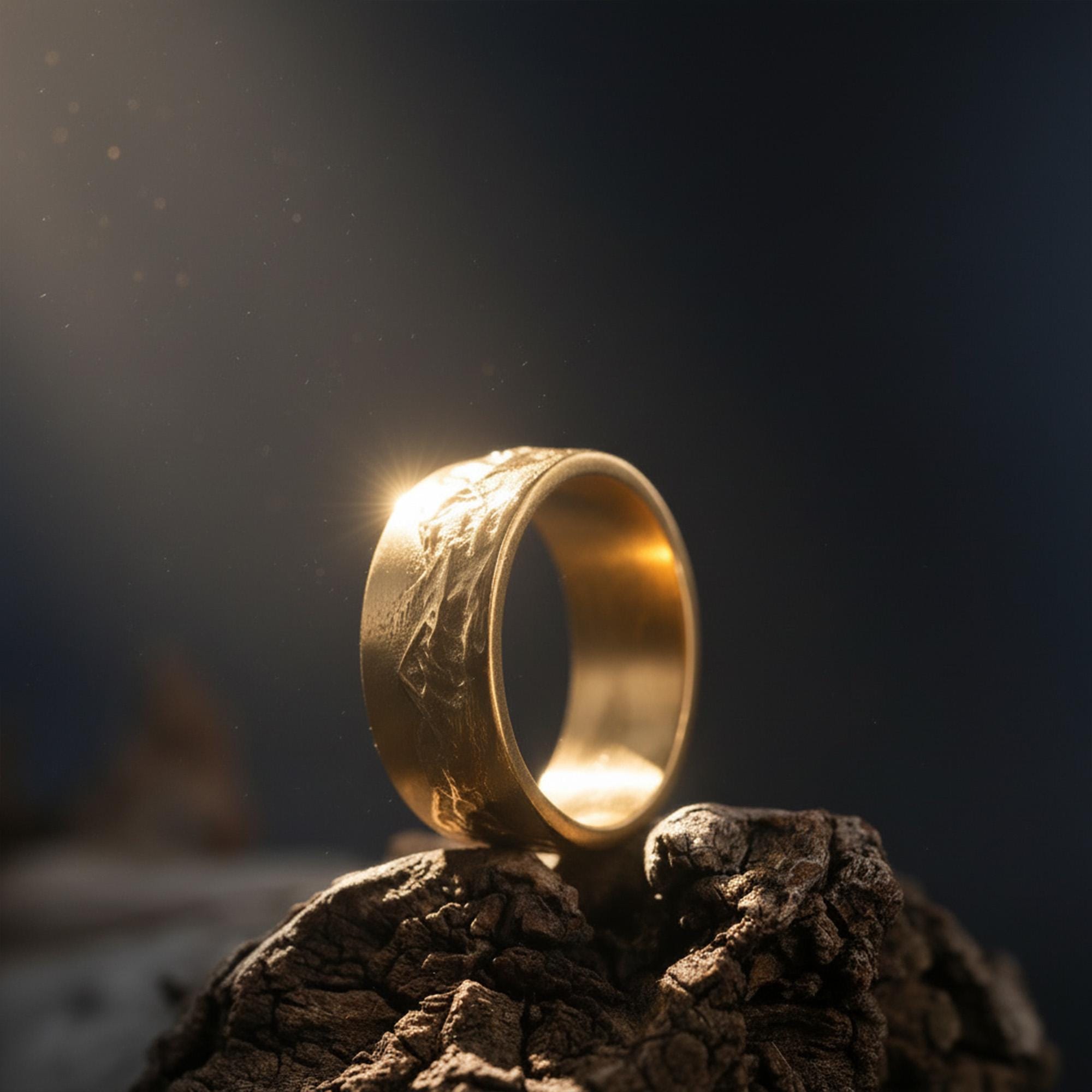 14K Solid Gold Mountain Range Ring: Engraved Nature Wedding Band for Men