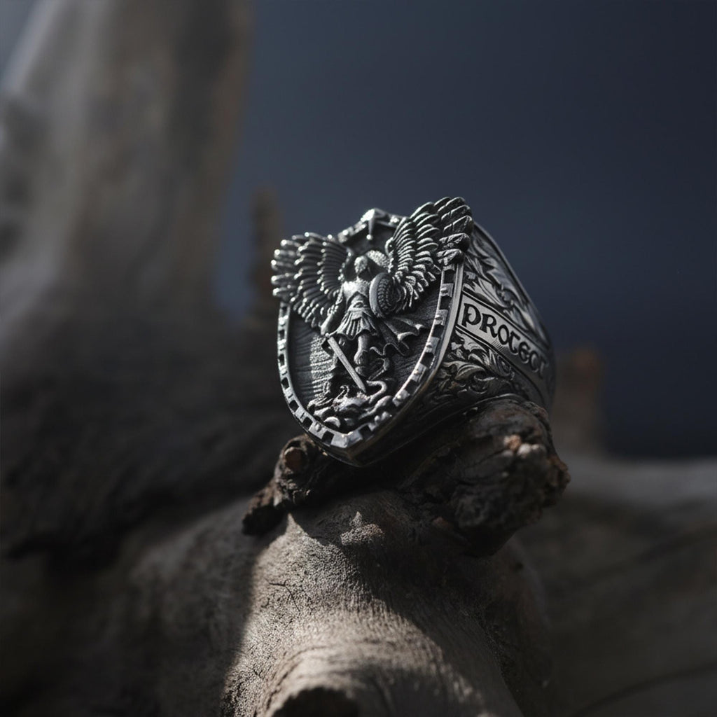 925 Sterling Silver Saint Michael Ring: Archangel Protection Ring for Men, Catholic Defender Ring