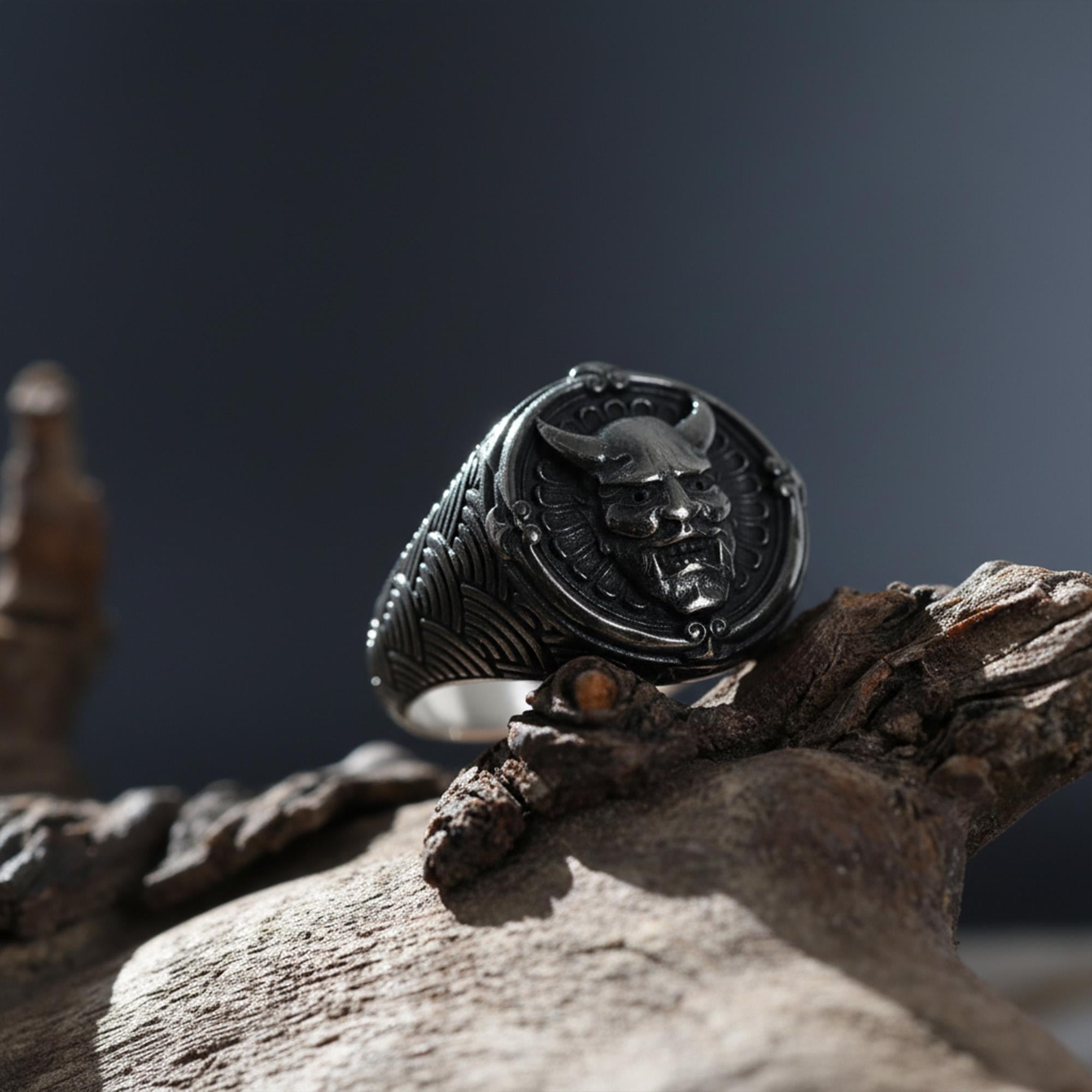 Handmade Sterling Silver Hannya Mask Ring: Japanese Oni Demon