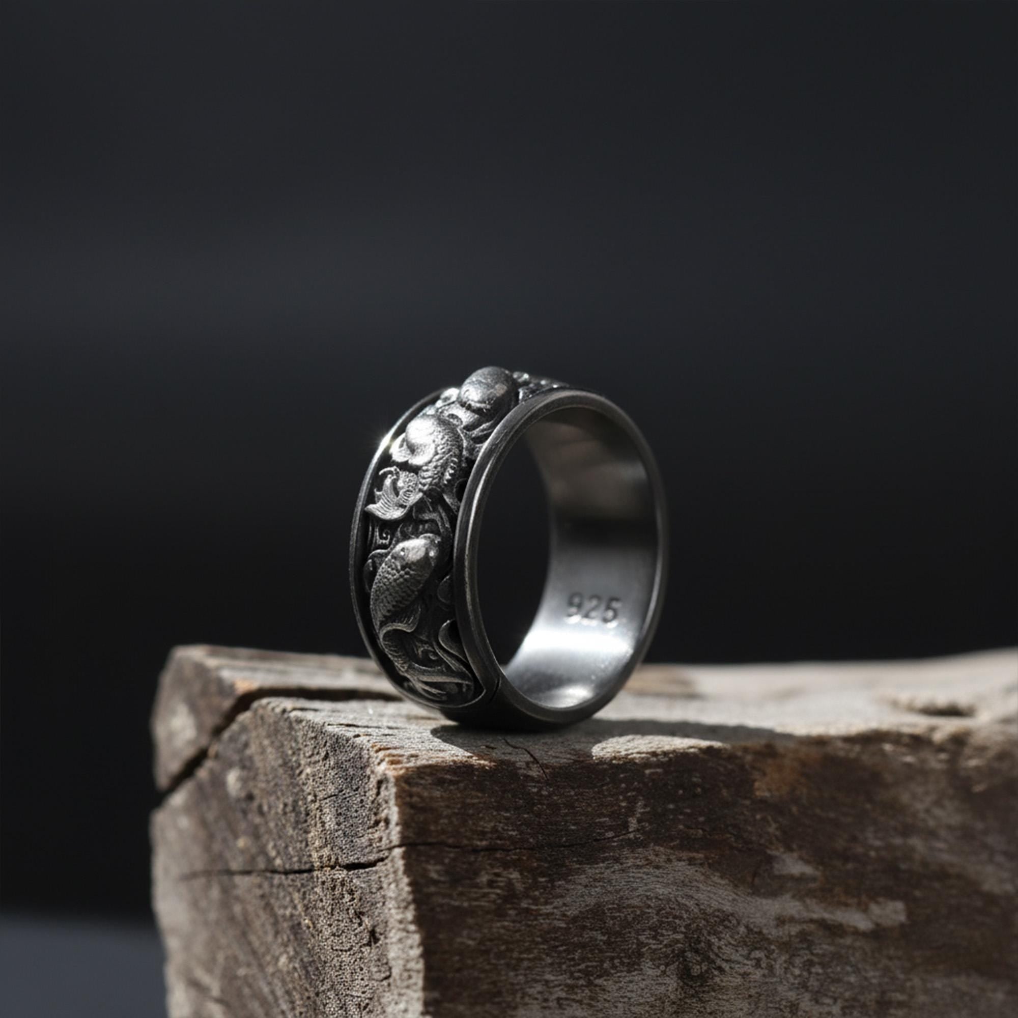 Japanese Carp Koi Fish Band Ring: Textured Animal Band Ring, Japanese Motifs Silver Men Ring, Pisces Jewelry