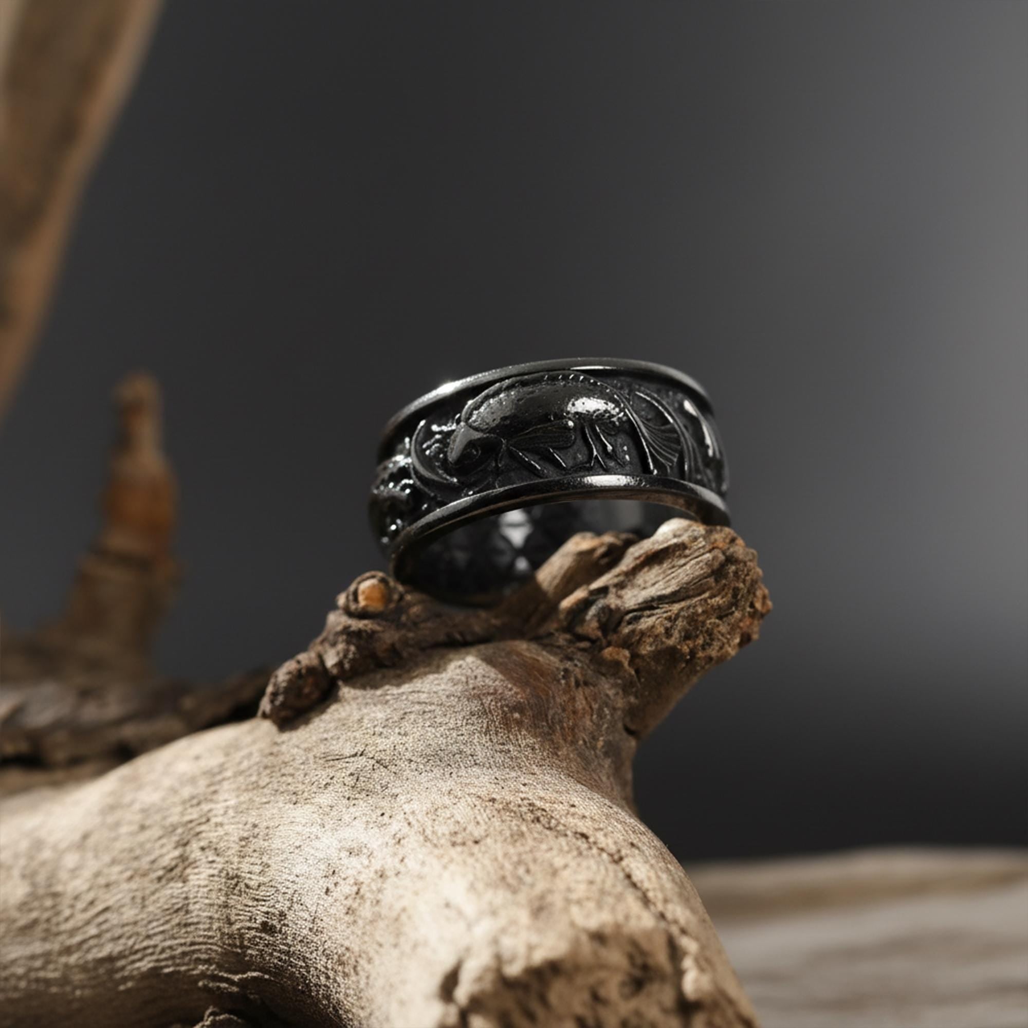 Handmade Sterling Silver Dragon Koi Ring: Engraved Wide Band