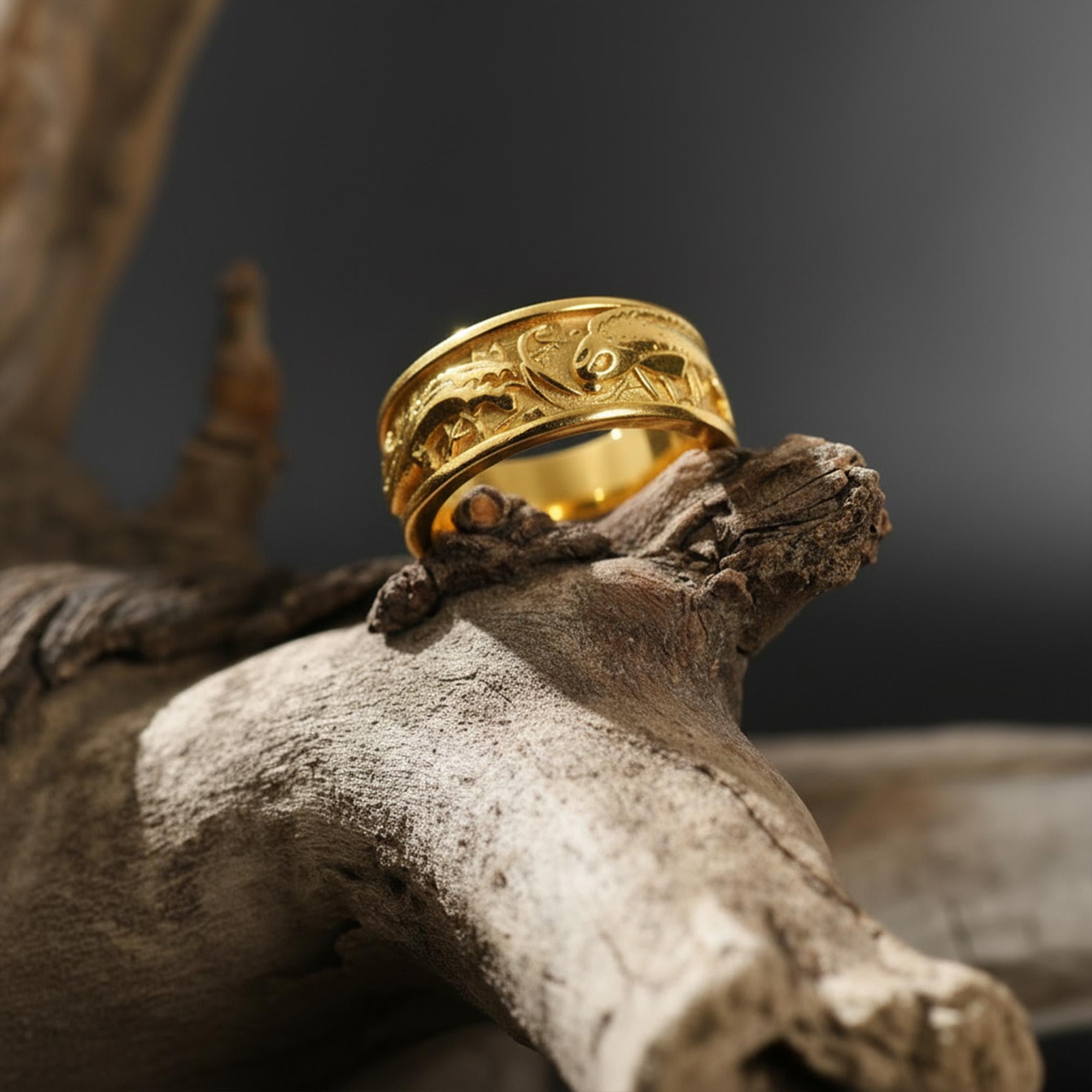 Dragon vs Koi Carp Fish Band Ring: Gold Plated Japanese Traditional Pattern Band, Men Silver Jewelry