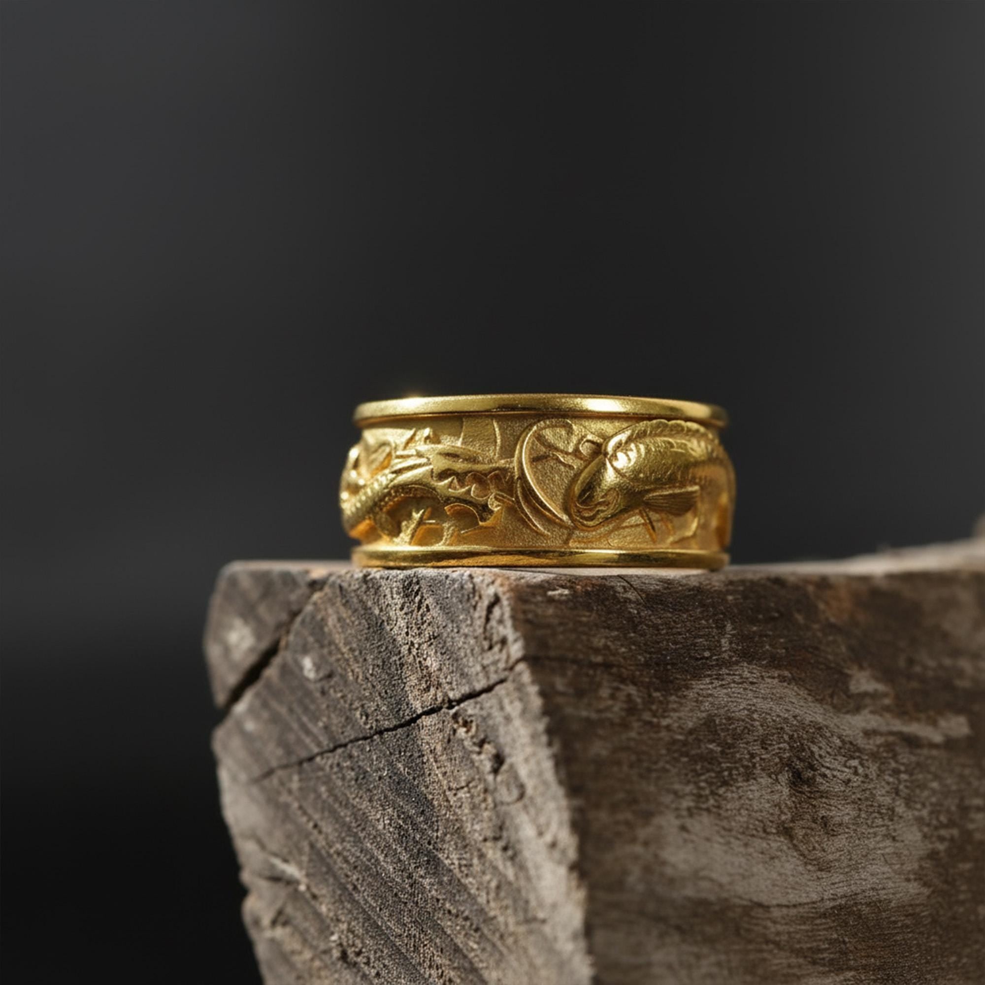 Carp Koi Fish and Dragon Ring: 925K Sterling silver Handmade Men's Fantasy Band Ring
