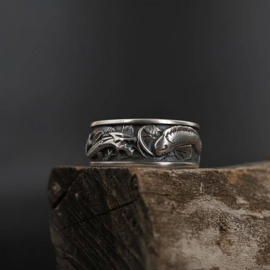 Koi Fish and Dragon Band Ring, sterling silver Japanese mythology jewelry, symbolic dragon and koi statement band, and handcrafted bold accessory designed for those who are drawn to perseverance, transformation, strength, and spiritual balance. This striking ring features a detailed Koi fish and Dragon motif wrapped around a bold band structure, creating a look that feels powerful, artistic, and deeply meaningful