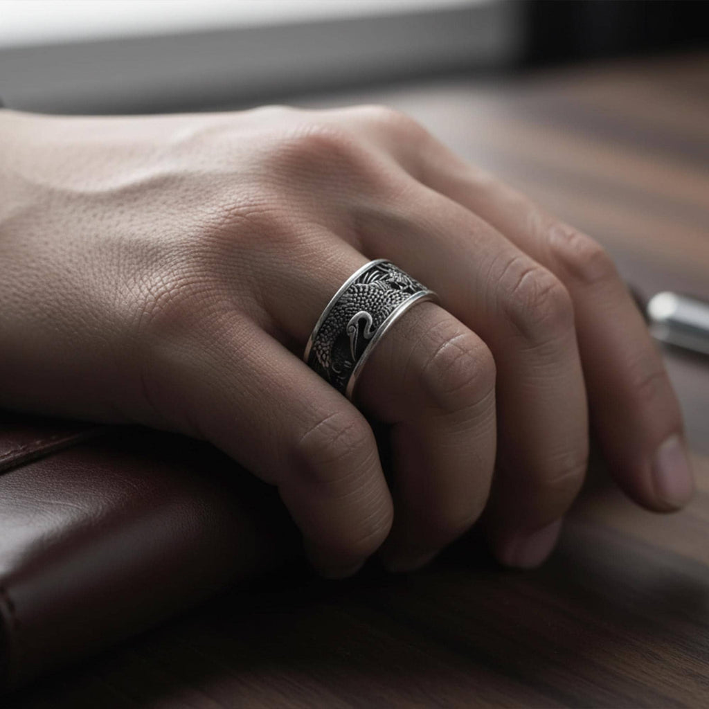 Sterling Silver Japanese Sun Crane Band Ring: Cultural Symbolic Jewelry
