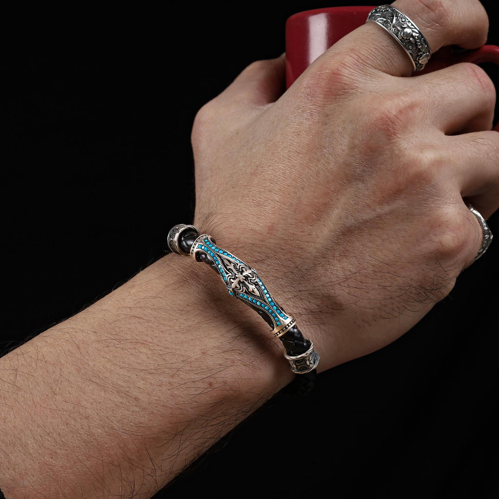 Men's Turquoise Leather Bracelet: Sterling Silver Boho Jewelry