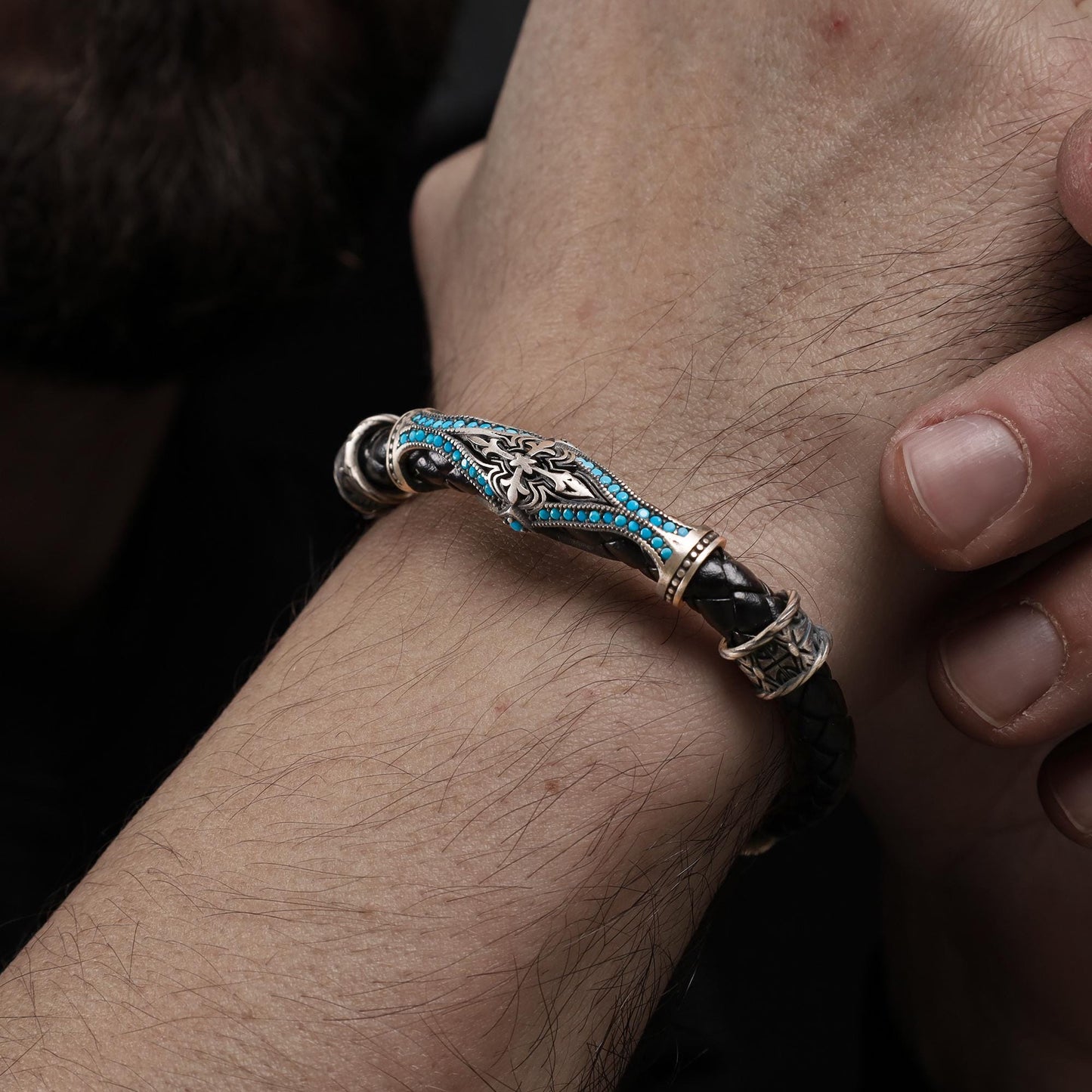 Men's Turquoise Leather Bracelet: Sterling Silver Boho Jewelry
