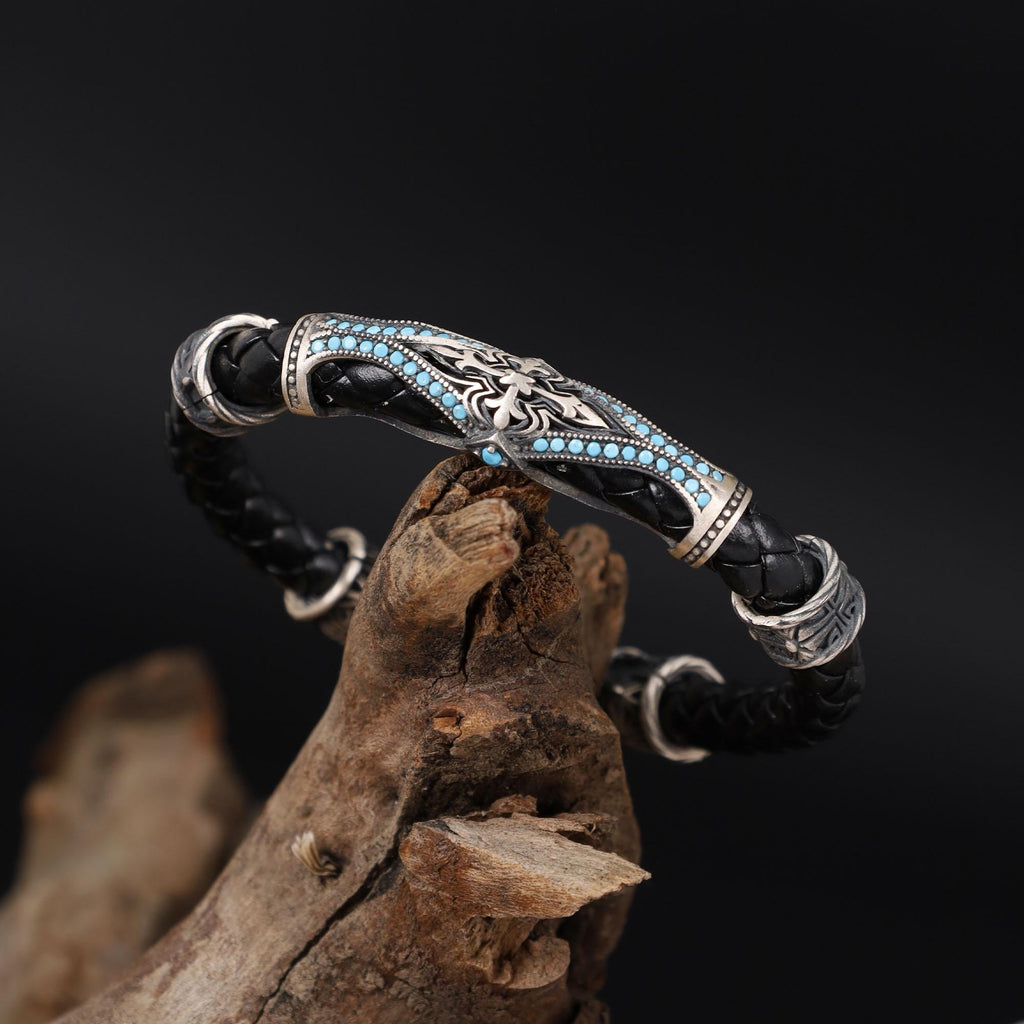 Men's Turquoise Leather Bracelet: Sterling Silver Boho Jewelry
