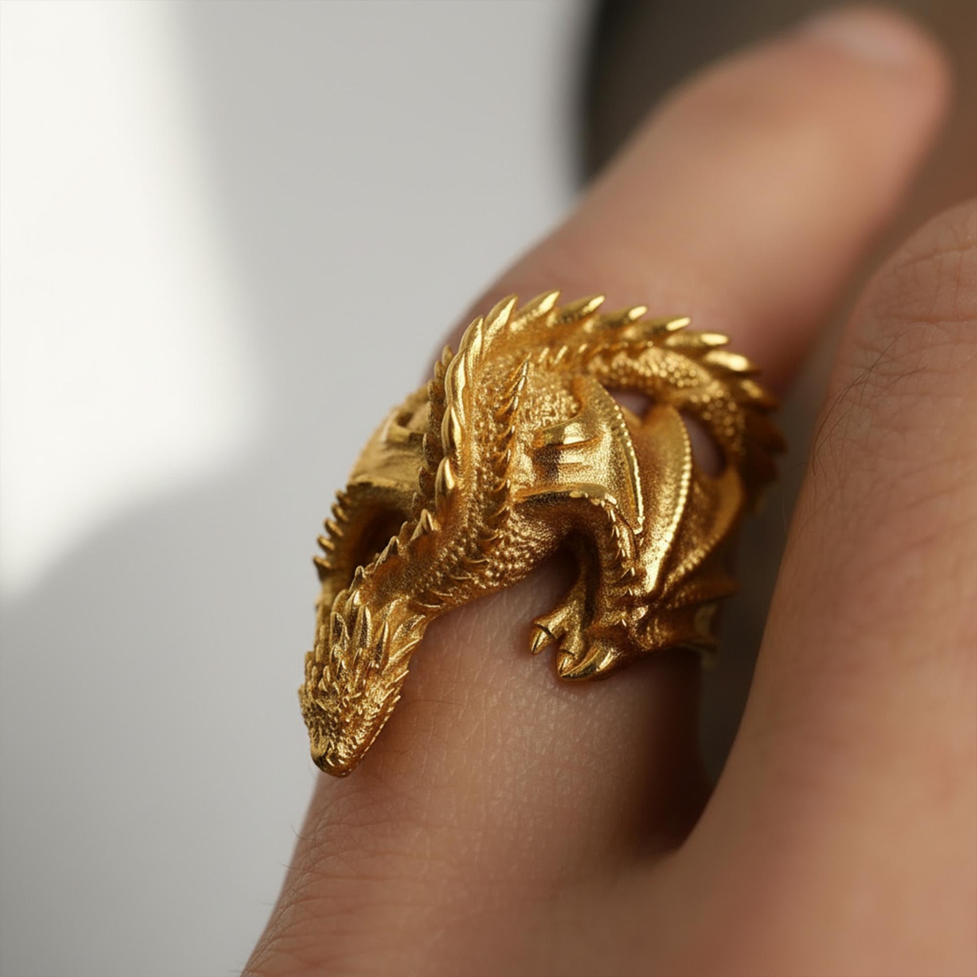 Gold Dragon Wrap Ring: Detailed Fantasy Mythology Statement Jewelry