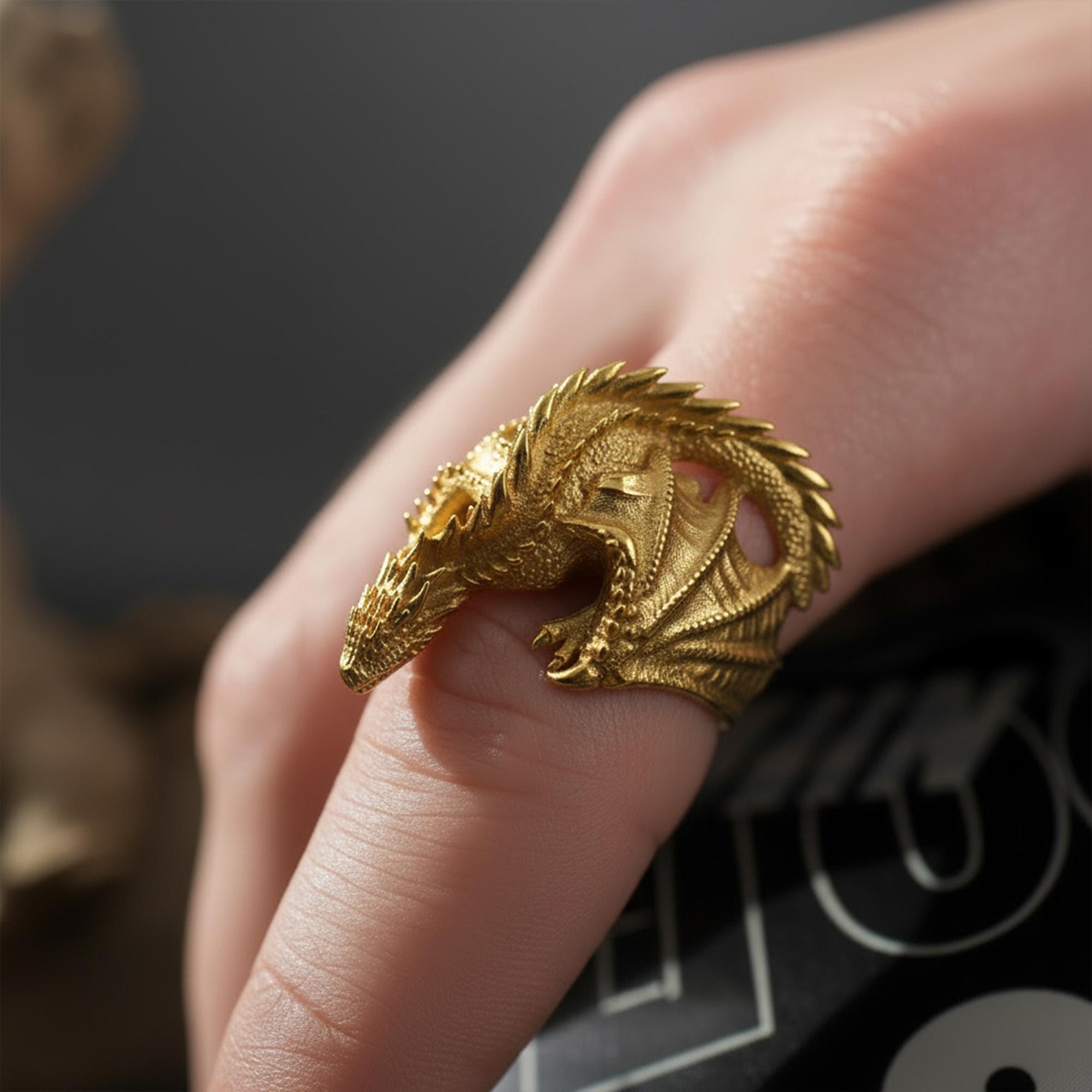 Gold Dragon Wrap Ring: Detailed Fantasy Mythology Statement Jewelry