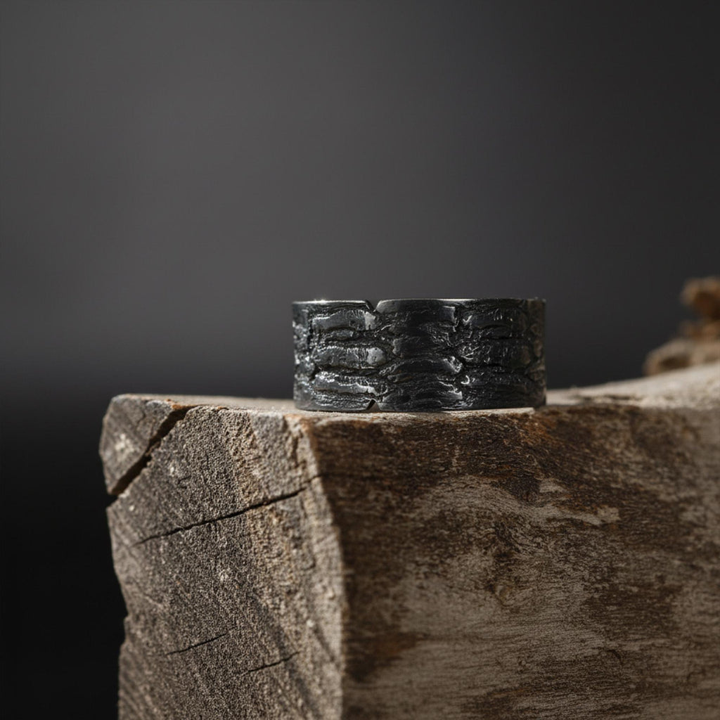 Handmade Textured Wide Band Ring: Sterling Silver Statement Wedding Band