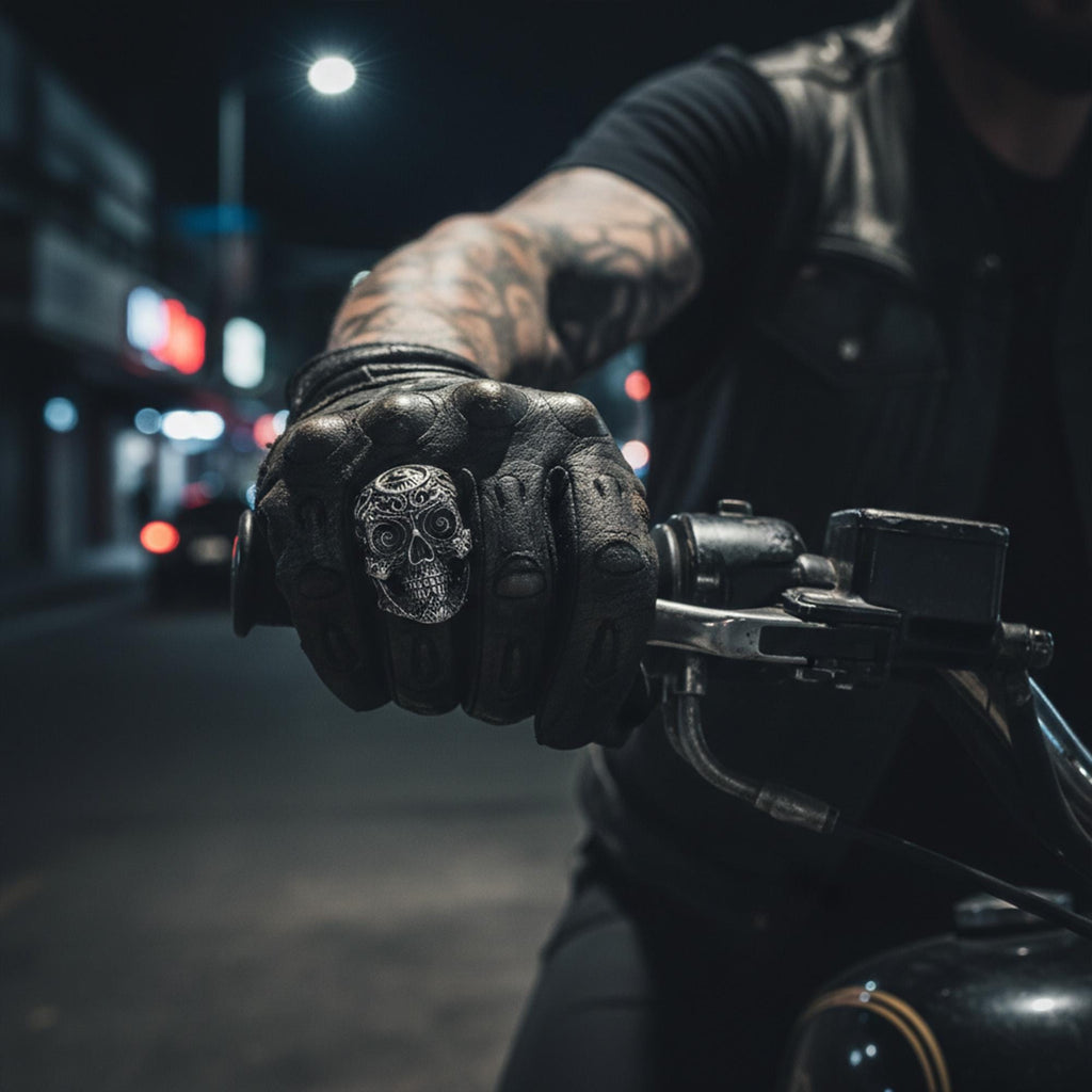925K Sterling Silver Skull Ring: Baroque Engraved Gothic Biker Jewelry for Men
