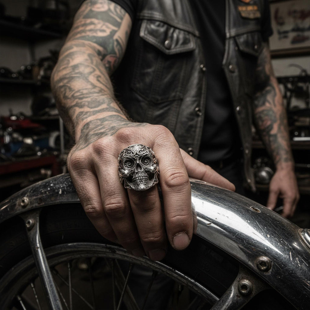 925K Sterling Silver Skull Ring: Baroque Engraved Gothic Biker Jewelry for Men