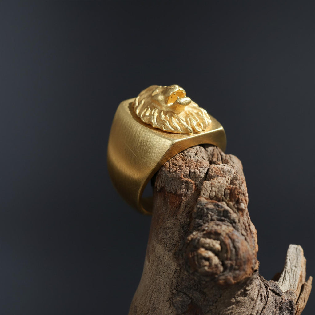 14K Solid Gold Lion Signet Ring: Handmade Statement Jewelry