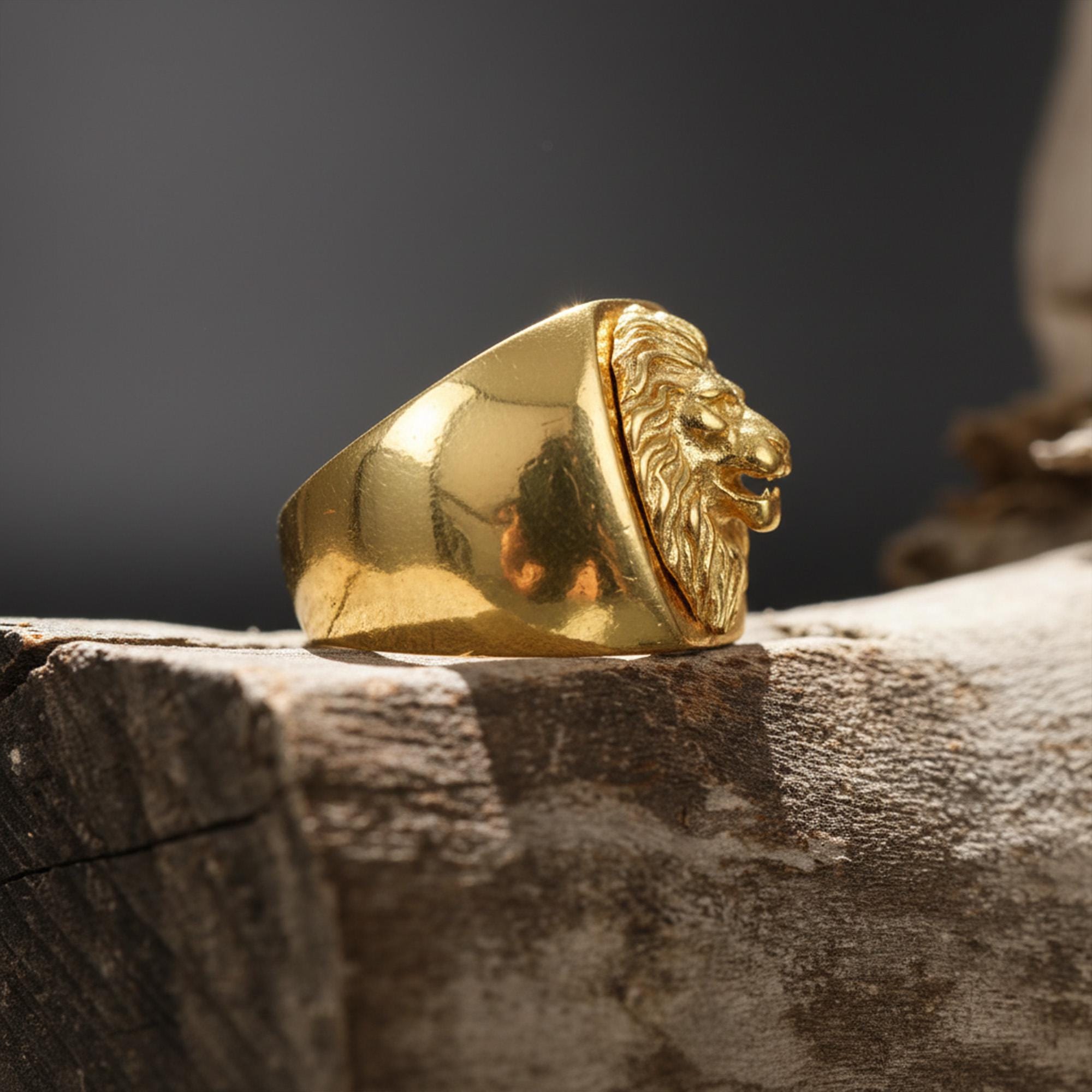 14K Solid Gold Lion Signet Ring: Handmade Statement Jewelry