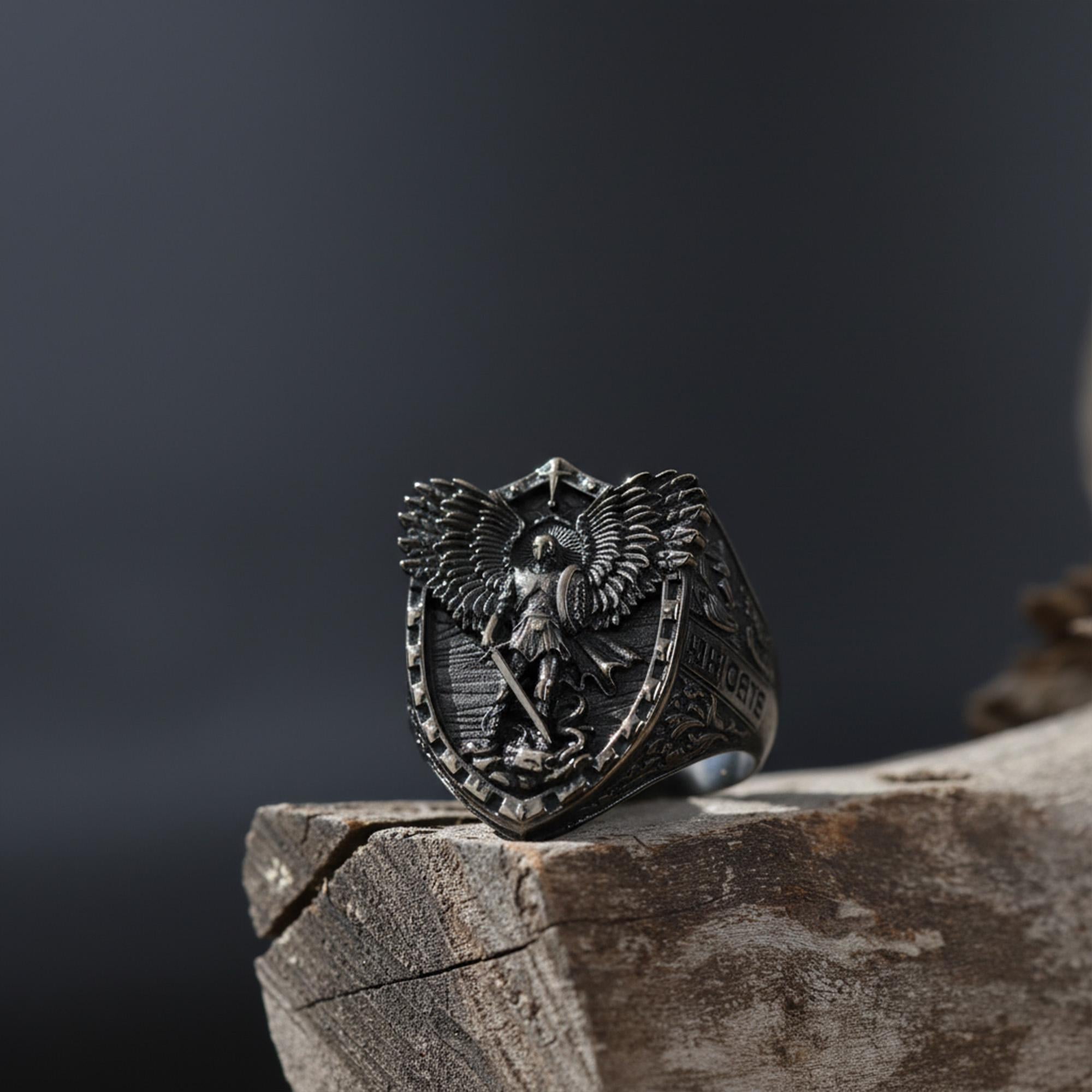 Saint Michael Archangel Ring: Oxidized Sterling Silver Soldier of God Ring