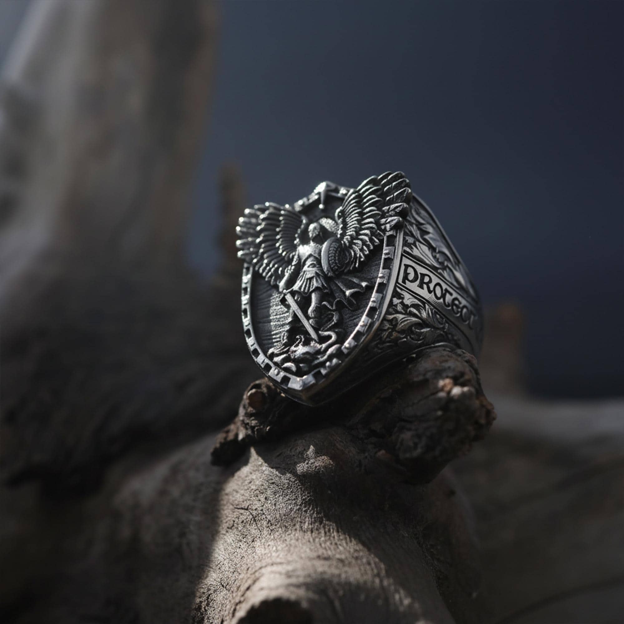 Saint Michael Archangel Ring, Oxidized Sterling Silver, Christian Men's Jewelry