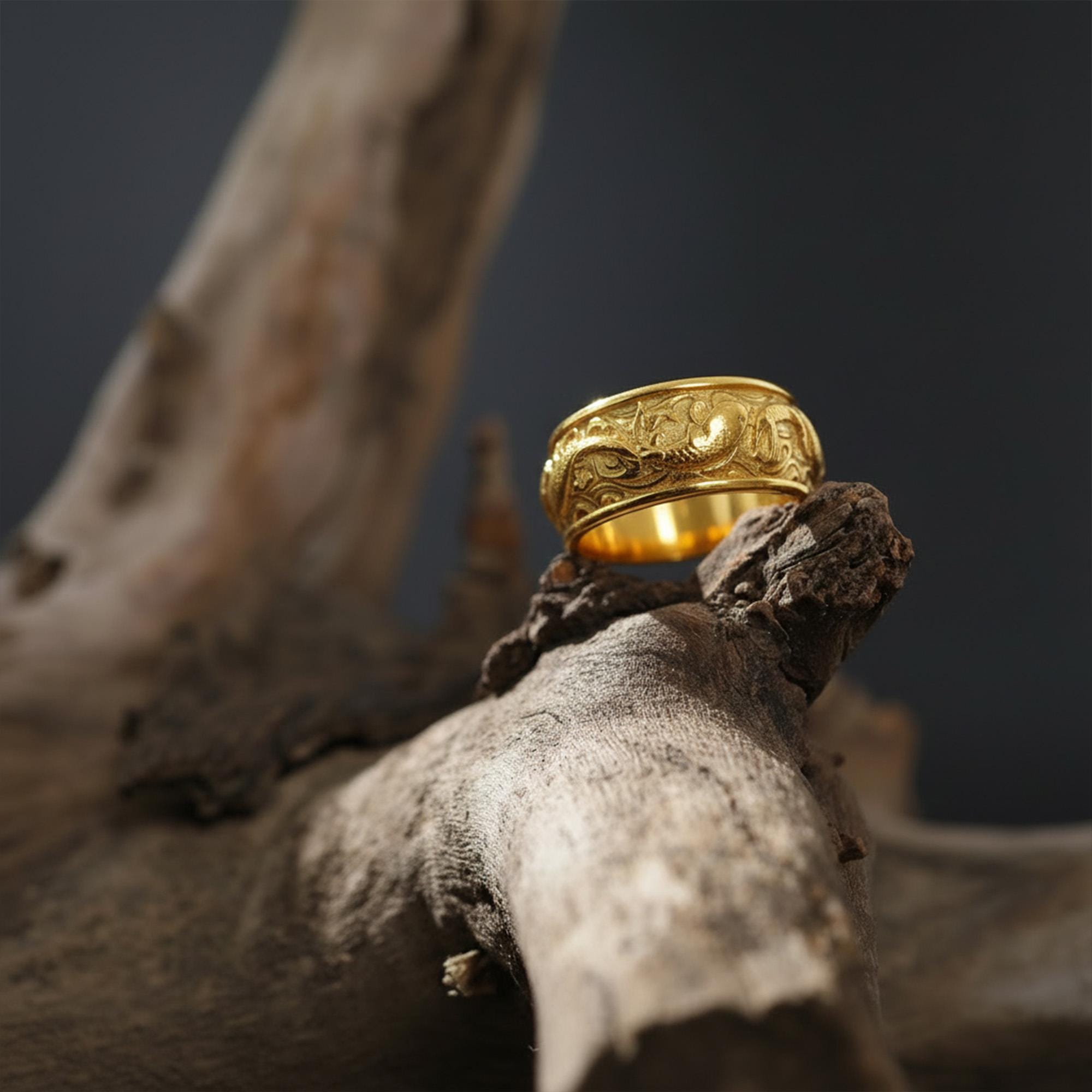 Gold Plated Koi Carp Ring: Japanese Engraved Band, Men's Statement Jewelry