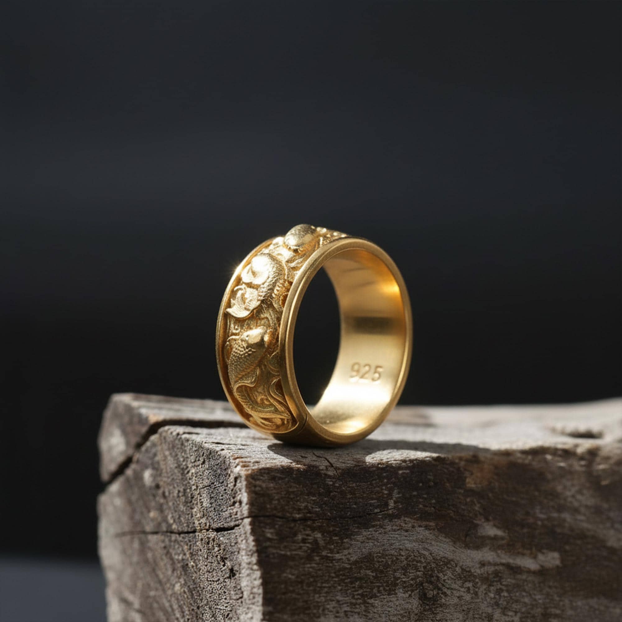 Gold Plated Koi Carp Ring: Japanese Engraved Band, Men's Statement Jewelry