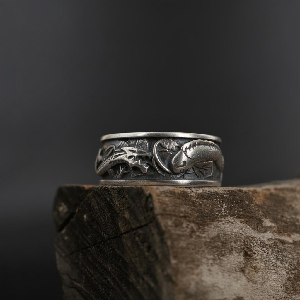 Handmade Sterling Silver Dragon Koi Ring: Engraved Wide Band