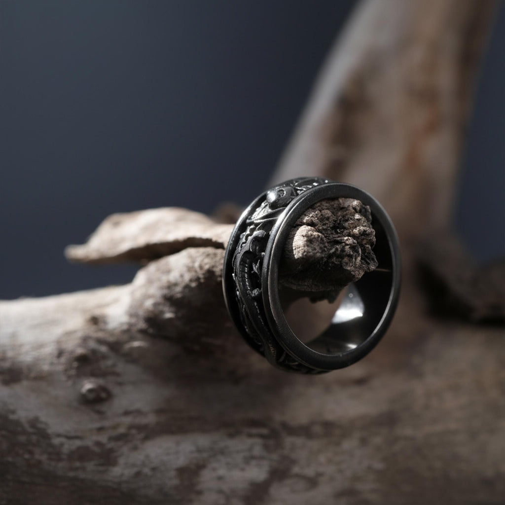 Handmade Sterling Silver Dragon Koi Ring: Engraved Wide Band